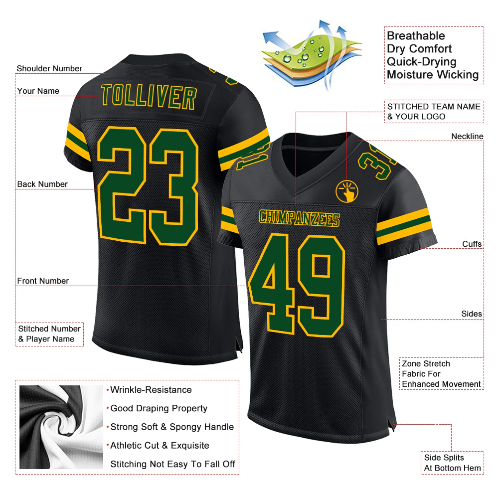 Custom Black Green-Gold Mesh Authentic Football Jersey - Image 2