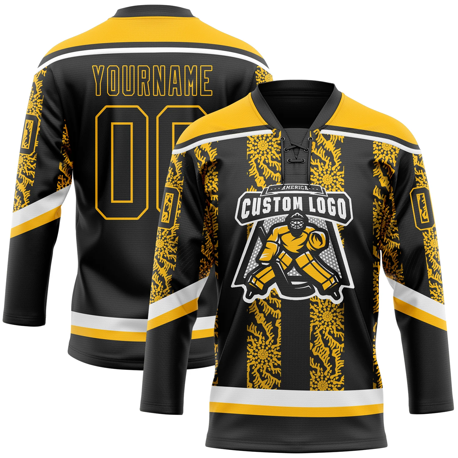 Custom Black Gold-White 3D Pattern Abstract Shape Hockey Lace Neck Jersey - Image 2