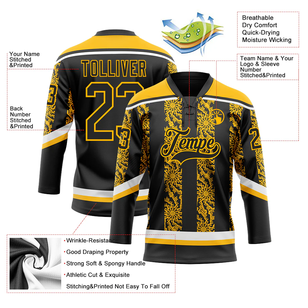 Custom Black Gold-White 3D Pattern Abstract Shape Hockey Lace Neck Jersey - Image 3
