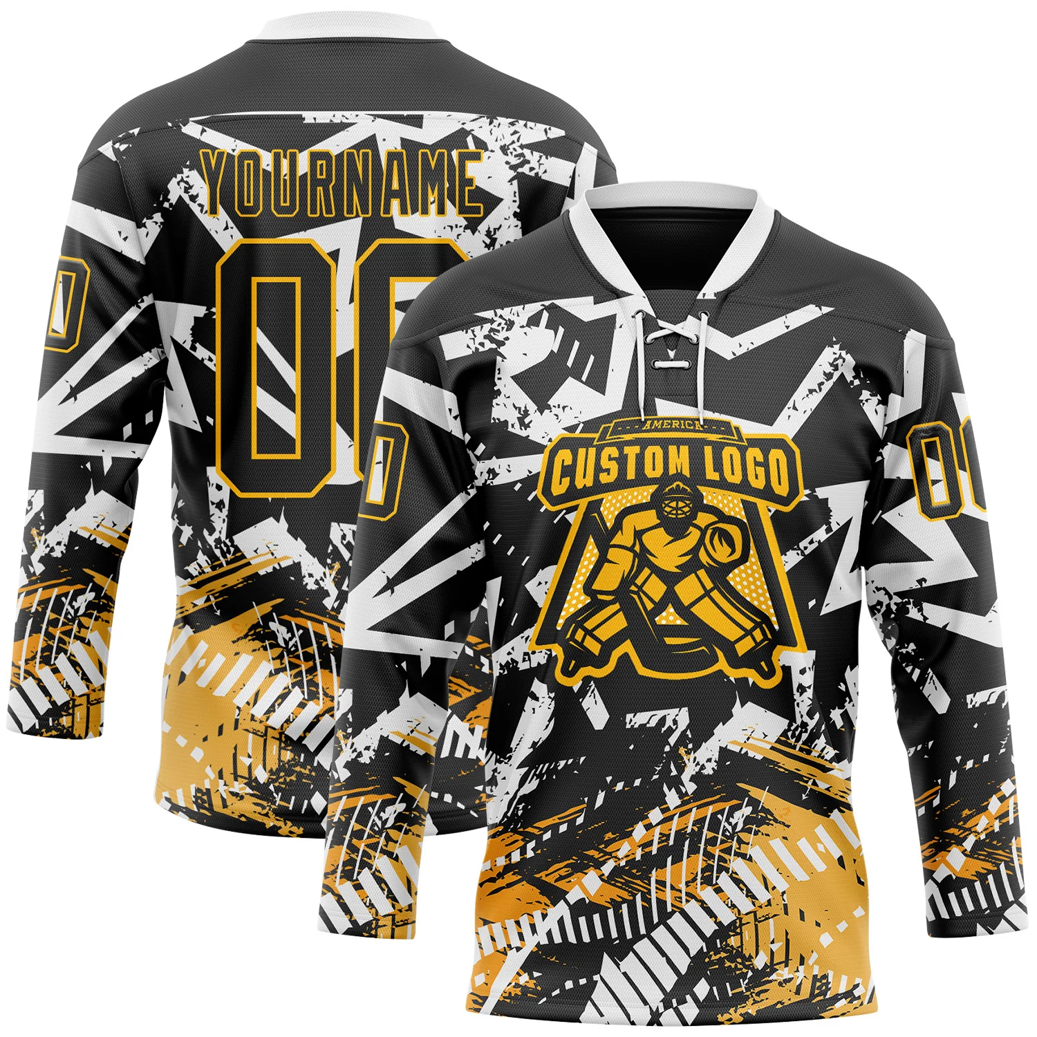 Custom Black Gold-White 3D Pattern Abstract Hockey Lace Neck Jersey - Image 2