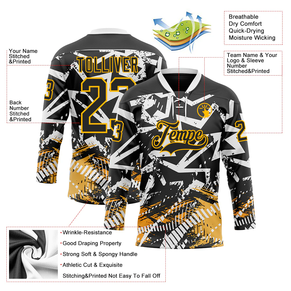 Custom Black Gold-White 3D Pattern Abstract Hockey Lace Neck Jersey - Image 3