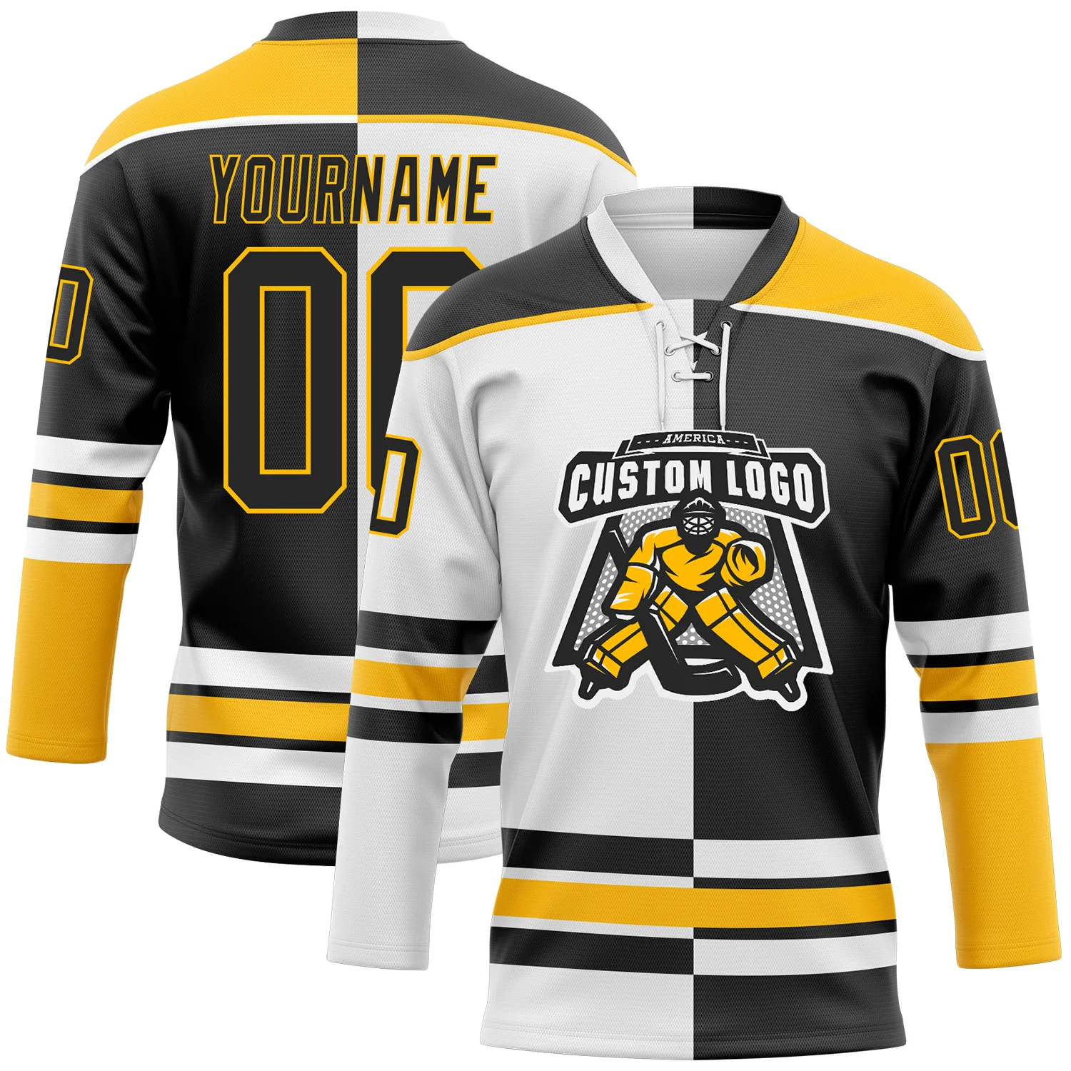 Custom Black Gold-White Split Fashion Hockey Lace Neck Jersey - Image 2