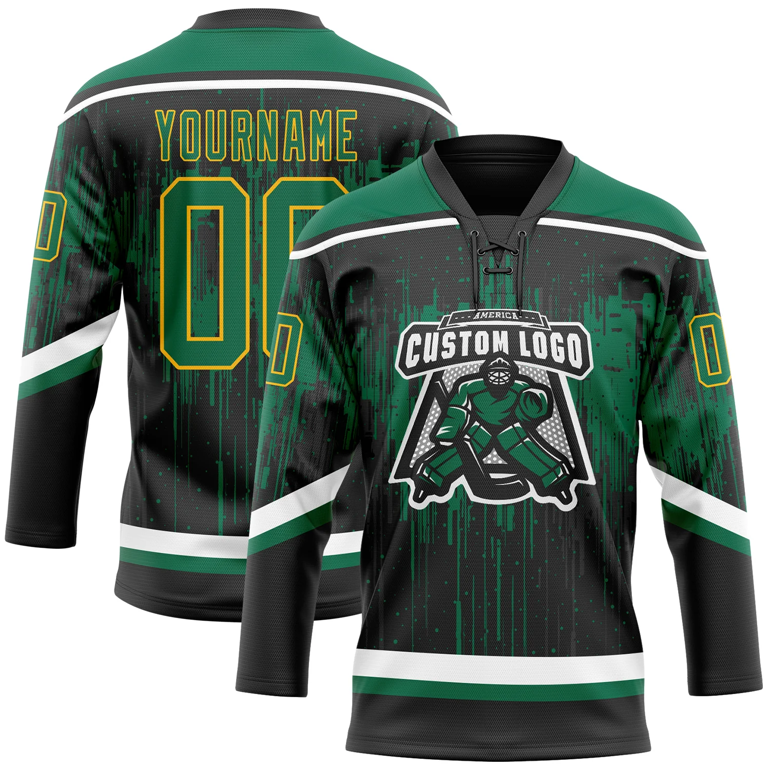 Custom Black Kelly Green Gold Steel Gray-White Dripping Splatter Pattern Hockey Lace Neck Jersey - Image 2
