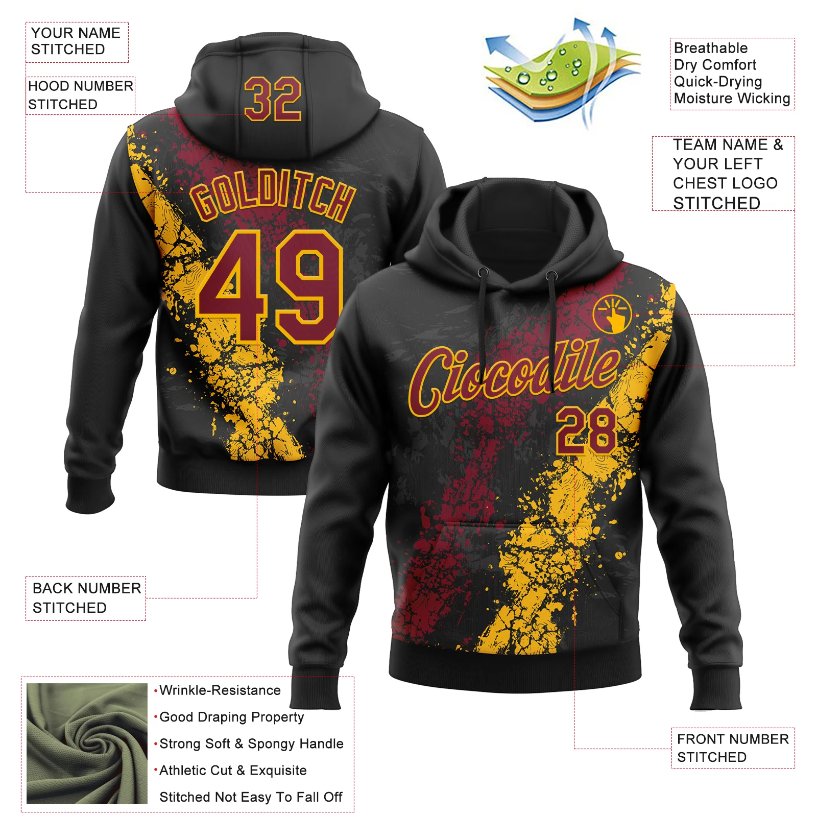 Custom Stitched Black Crimson-Gold Splash Sports Pullover Sweatshirt Hoodie - Image 4
