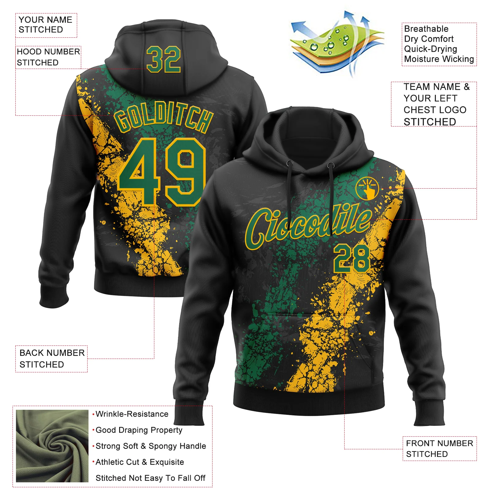 Custom Stitched Black Kelly Green-Gold Splash Sports Pullover Sweatshirt Hoodie - Image 4