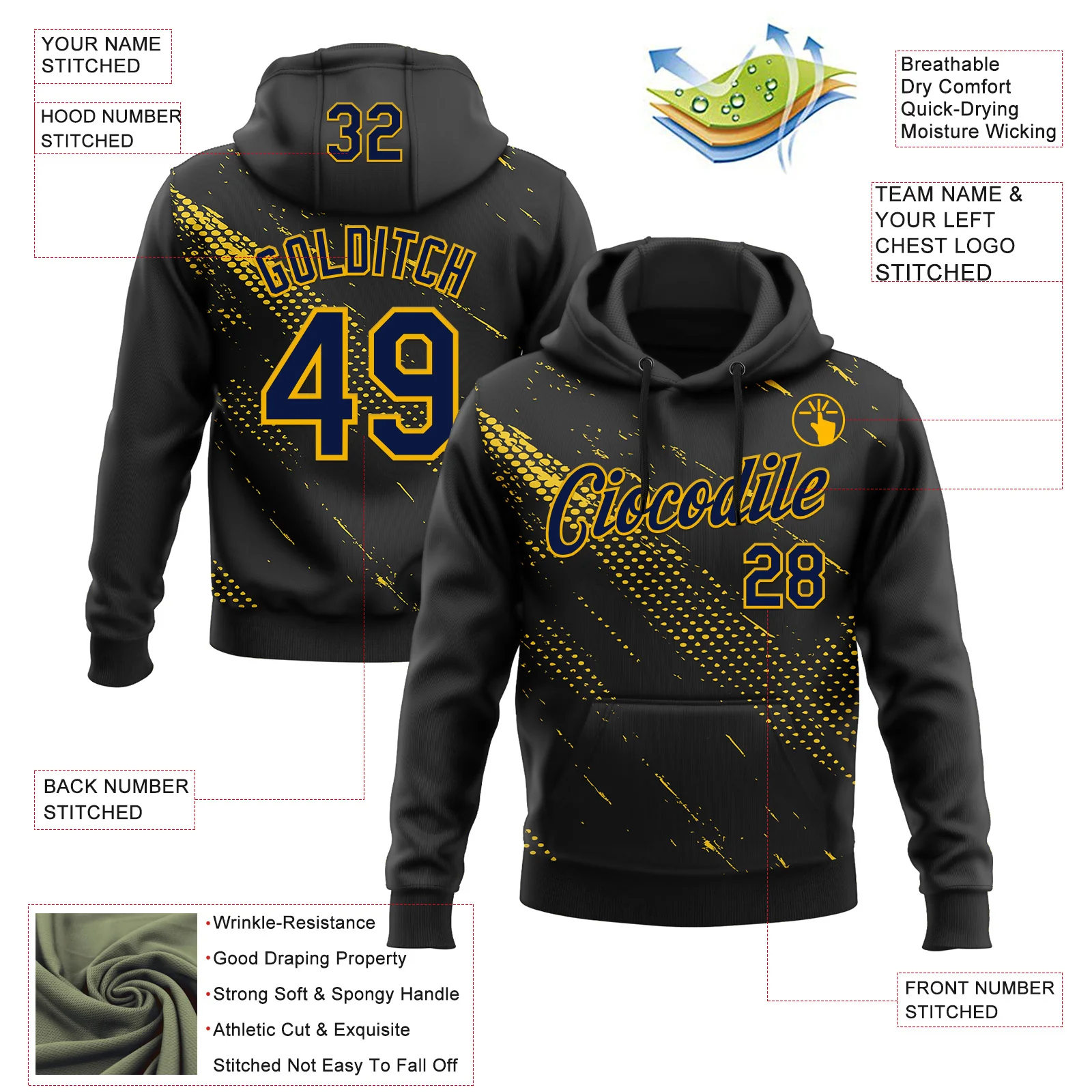 Custom Stitched Black Navy-Gold 3D Pattern Design Sportswear Pullover Sweatshirt Hoodie - Image 2