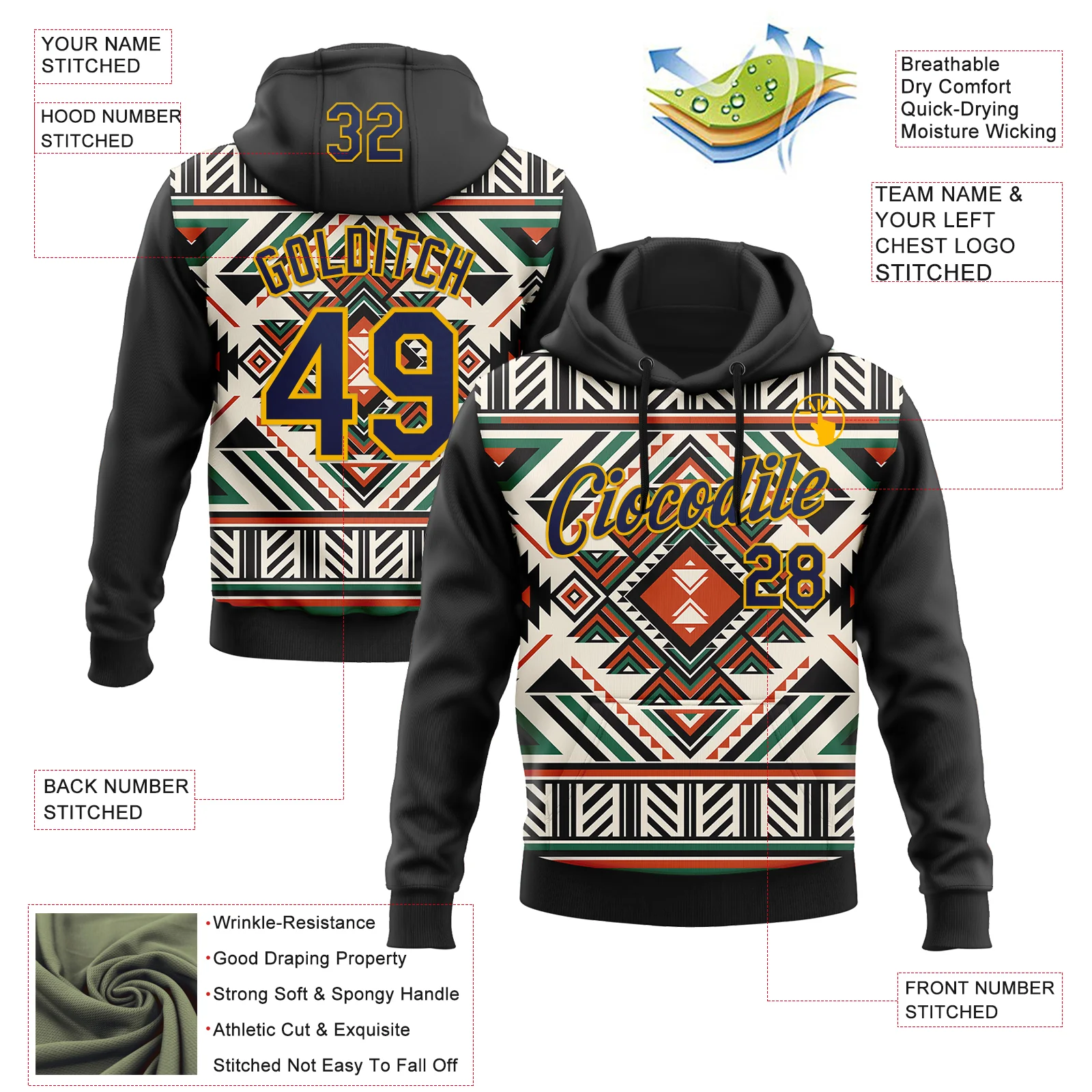 Custom Stitched Black Navy-Gold 3D Pattern Design Tribal Ethnic Native American Sports Pullover Sweatshirt Hoodie - Image 2
