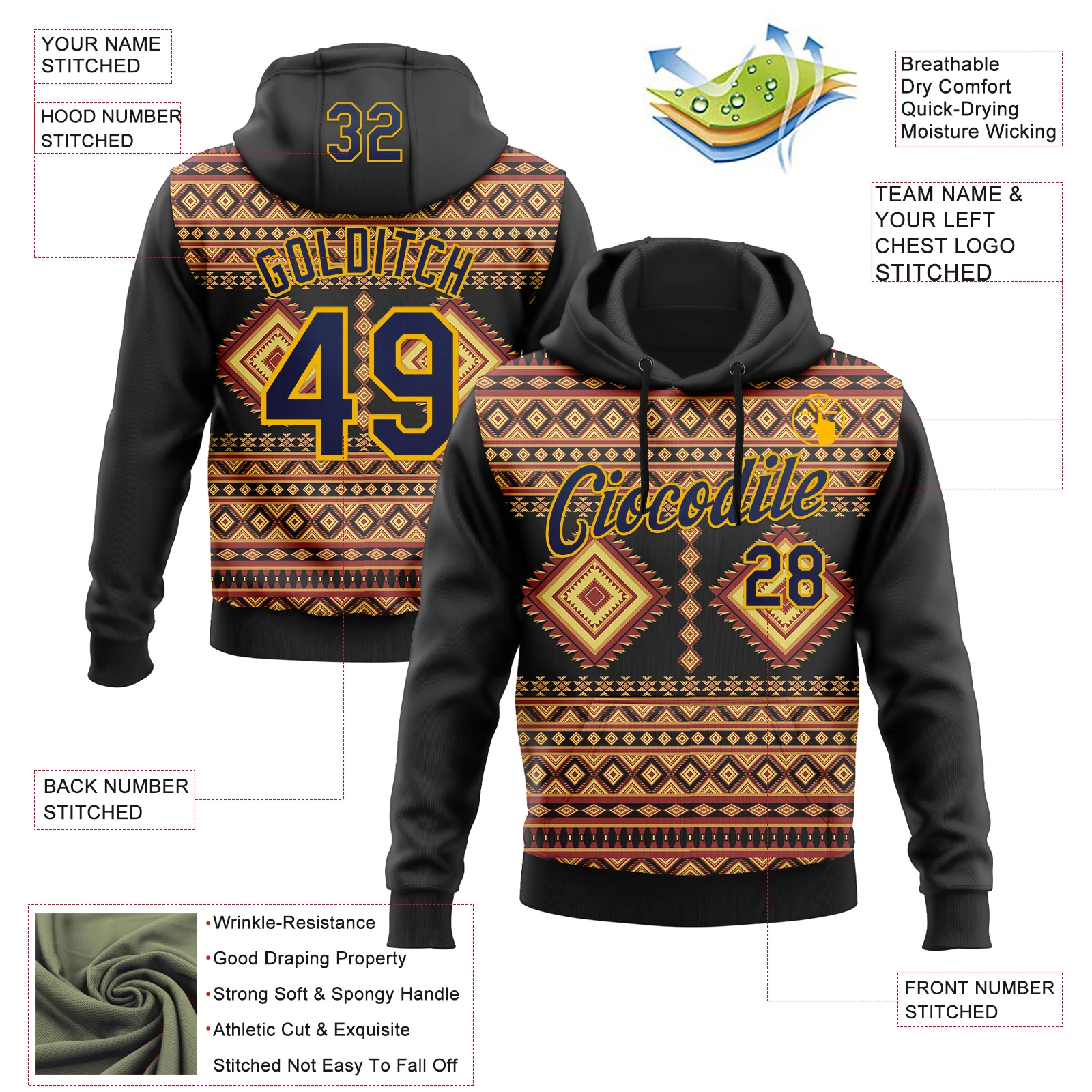 Custom Stitched Black Navy-Gold 3D Pattern Design Tribal Ethnic Native American Sports Pullover Sweatshirt Hoodie - Image 2