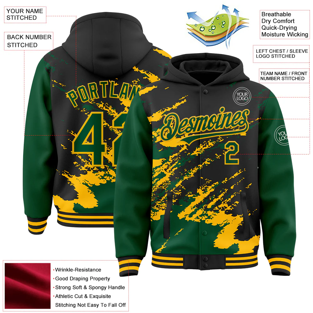 Custom Black Kelly Green-Gold Splash Art 3D Pattern Design Bomber Full-Snap Varsity Letterman Hoodie Jacket - Image 4