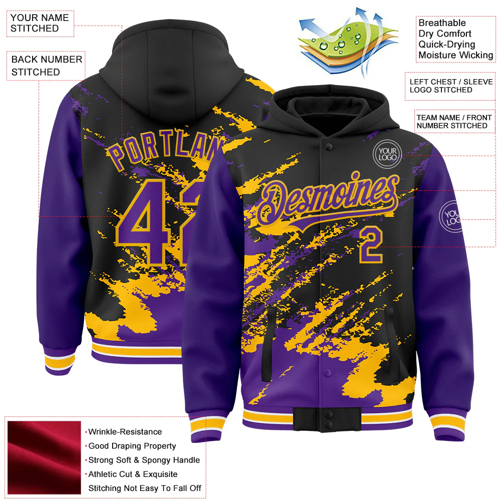 Custom Black Purple Gold-White Splash Art 3D Pattern Design Bomber Full-Snap Varsity Letterman Hoodie Jacket - Image 4