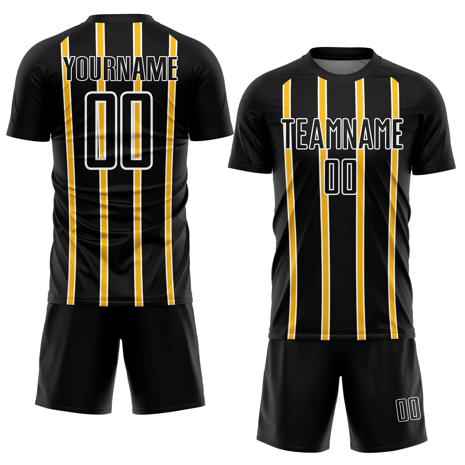 Custom Black Gold-White Stripe Line Sublimation Soccer Uniform Jersey - Image 2