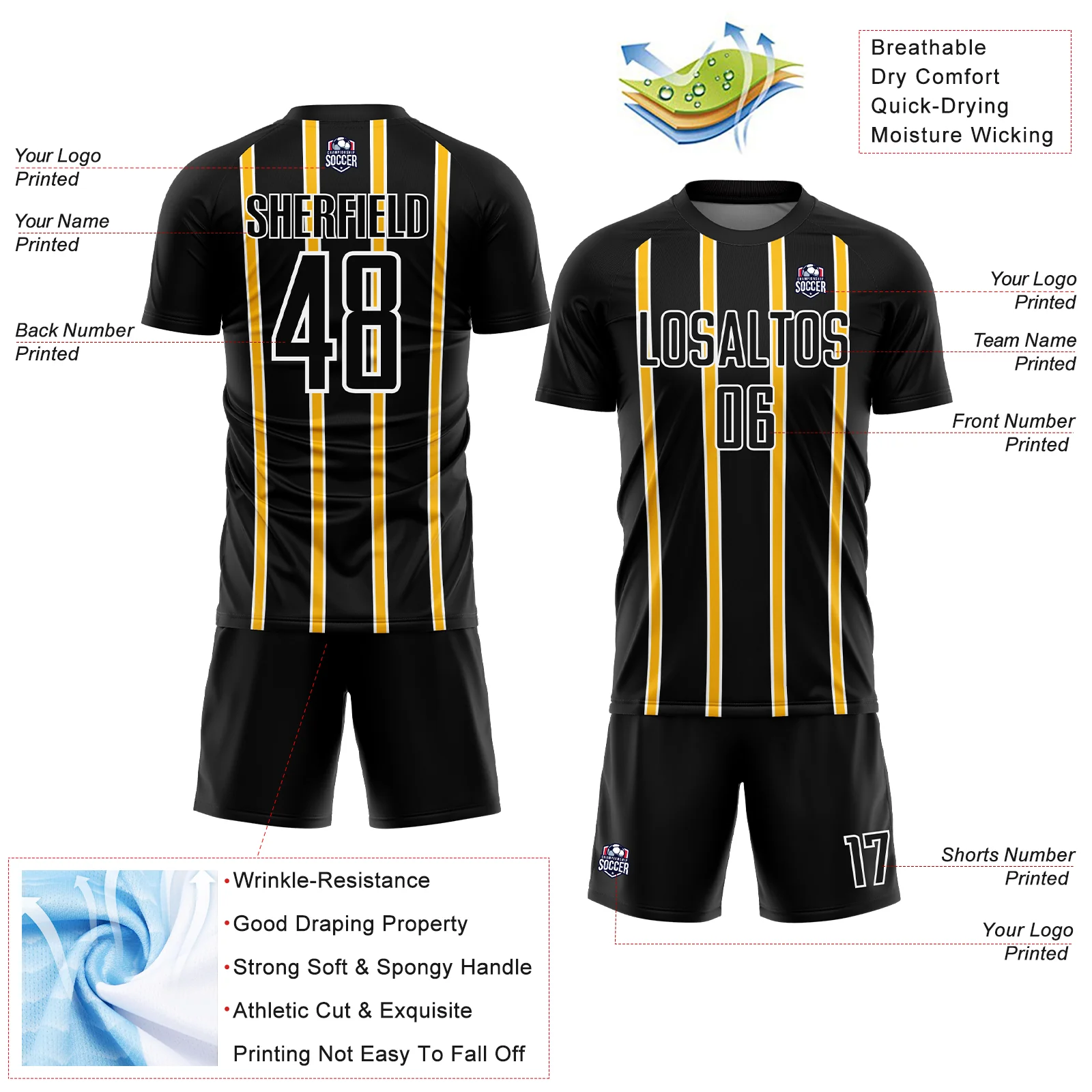 Custom Black Gold-White Stripe Line Sublimation Soccer Uniform Jersey - Image 4
