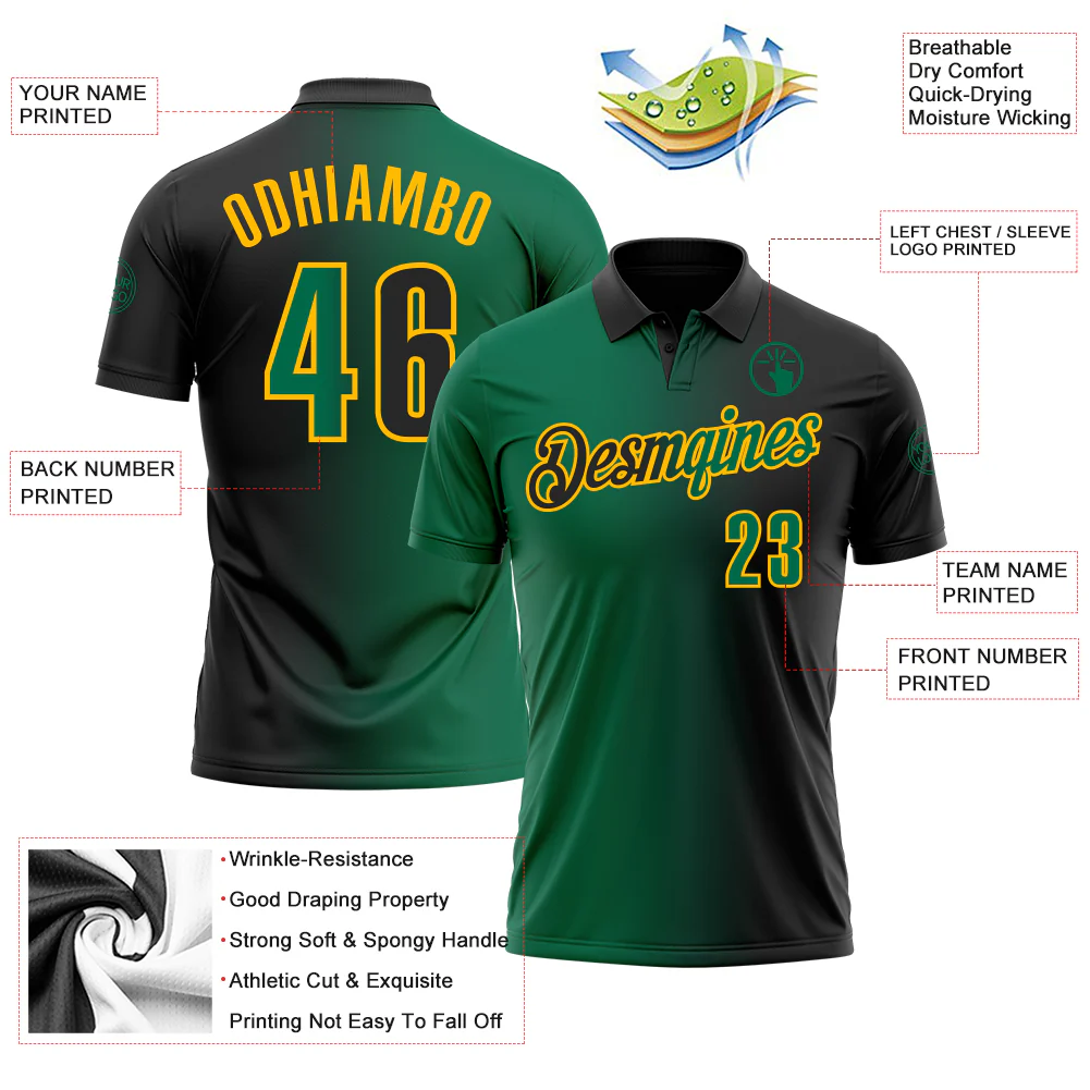 Custom Black Kelly Green-Gold 3D Gradient Fashion Performance Polo Shirt - Image 3