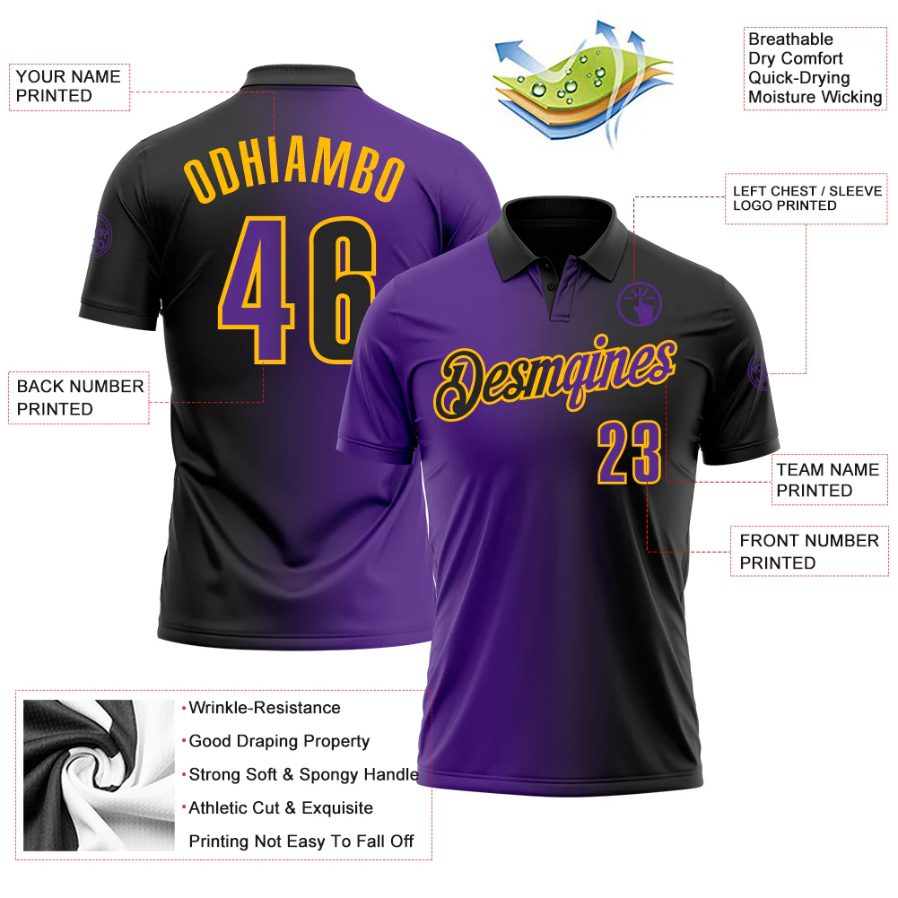 Custom Black Purple-Gold 3D Gradient Fashion Performance Polo Shirt - Image 3