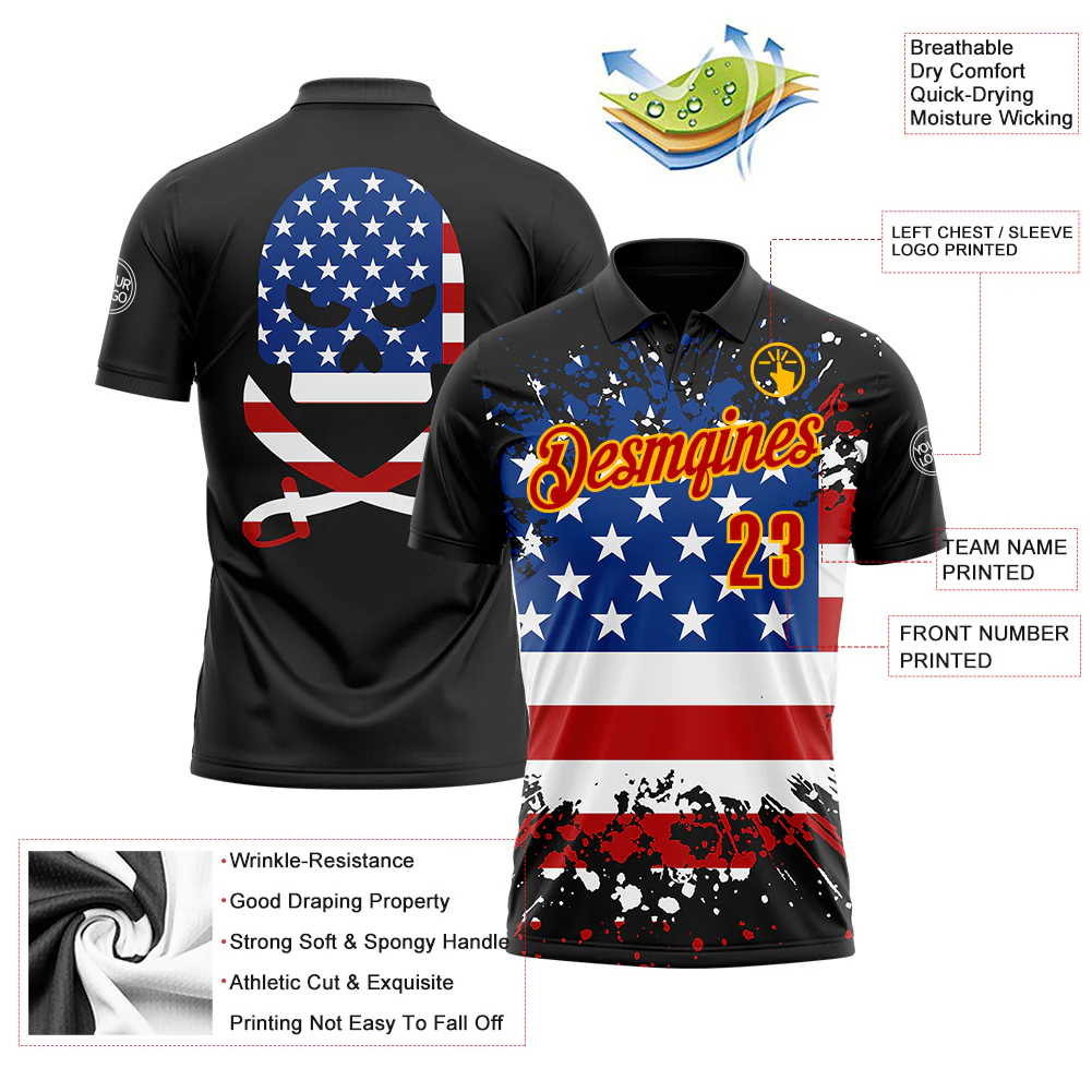 Custom Black Red-Gold 3D Cornhole American Flag Skull Performance Polo Shirt - Image 3