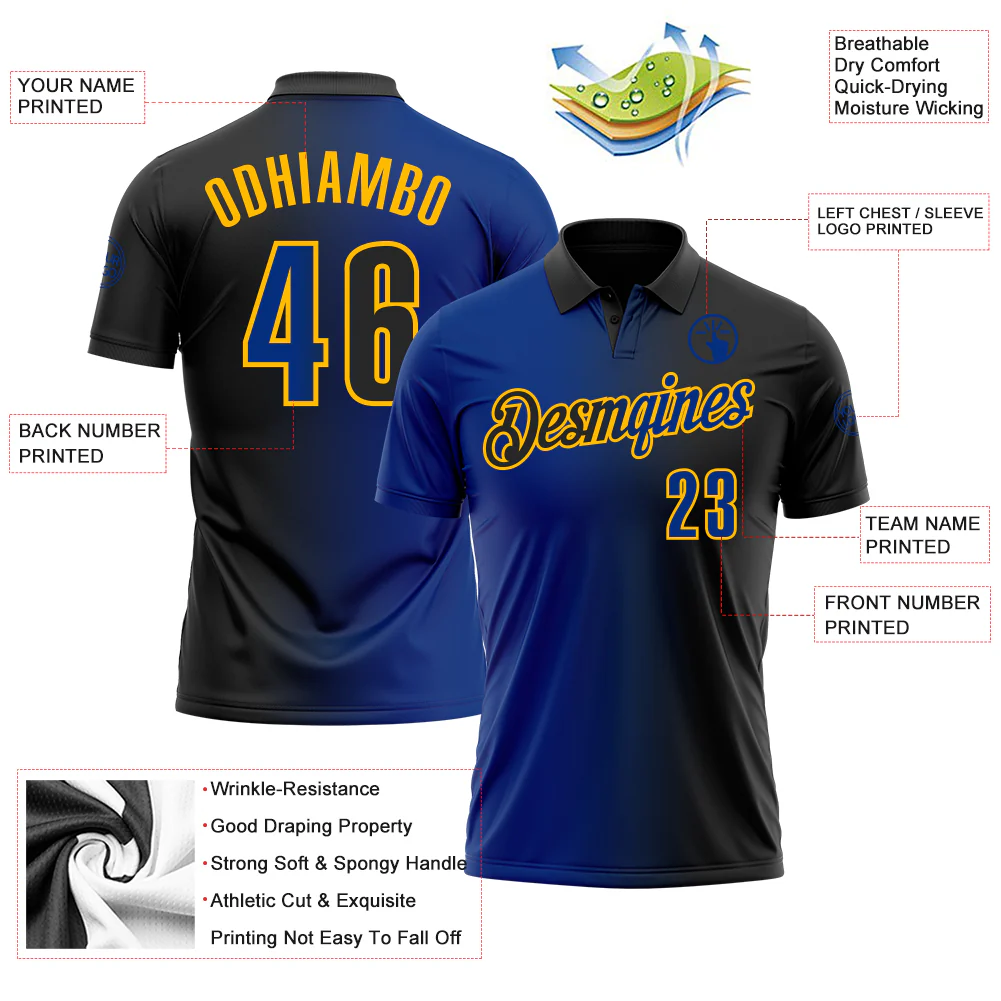Custom Black Royal-Gold 3D Gradient Fashion Performance Polo Shirt - Image 3