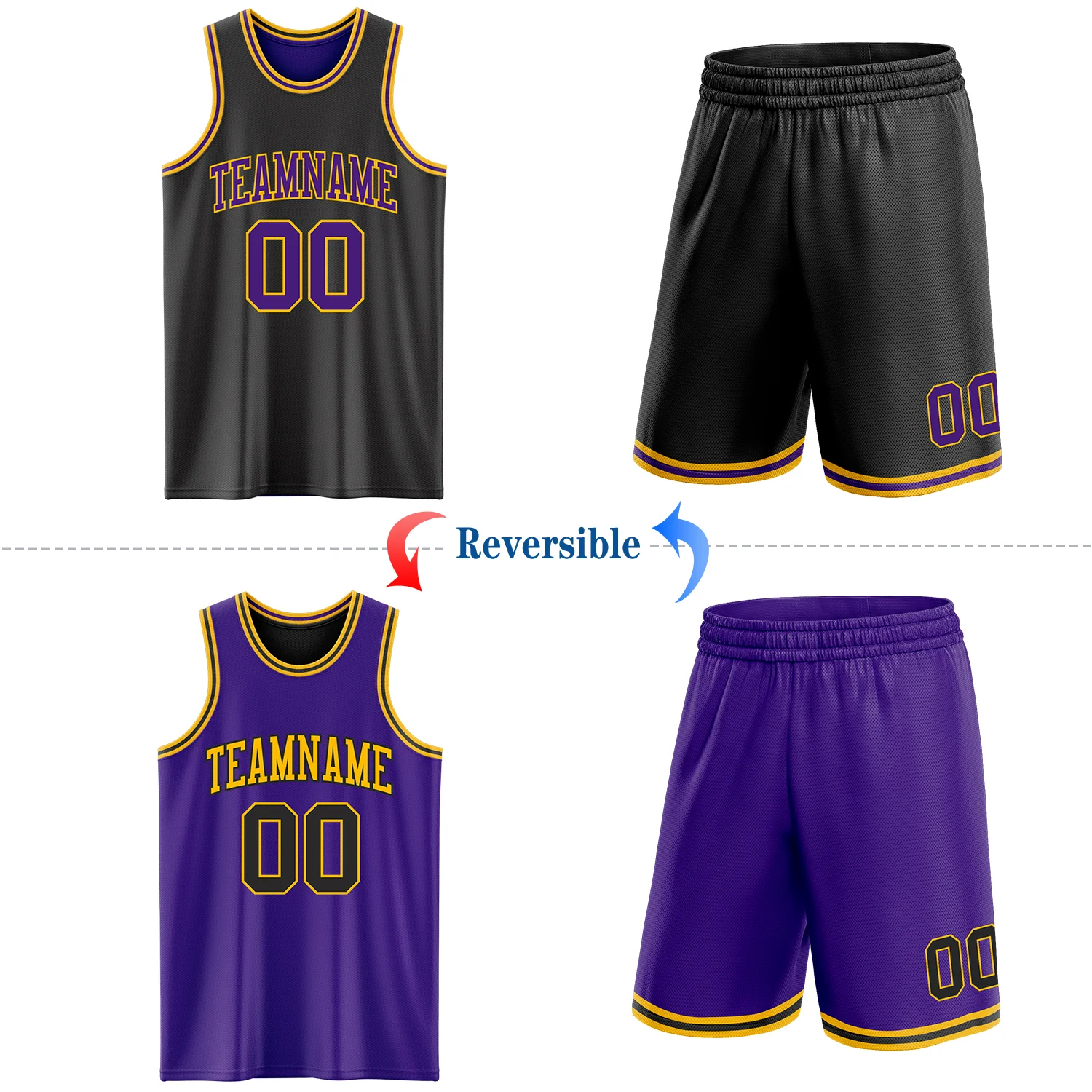 Custom Reversible Black Purple-Gold Double Side Sublimation Basketball Suit Jersey - Image 2