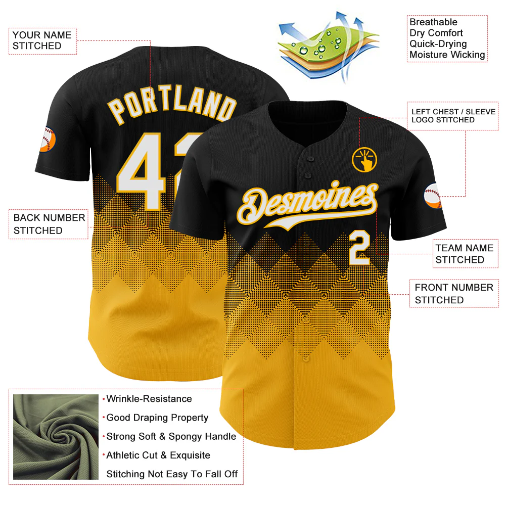 Custom Black White-Gold 3D Gradient Square Shape Authentic Baseball Jersey - Image 3