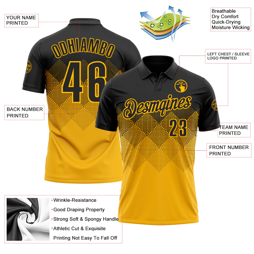 Custom Black Gold 3D Gradient Square Shape Performance Polo Shirt - Image 3