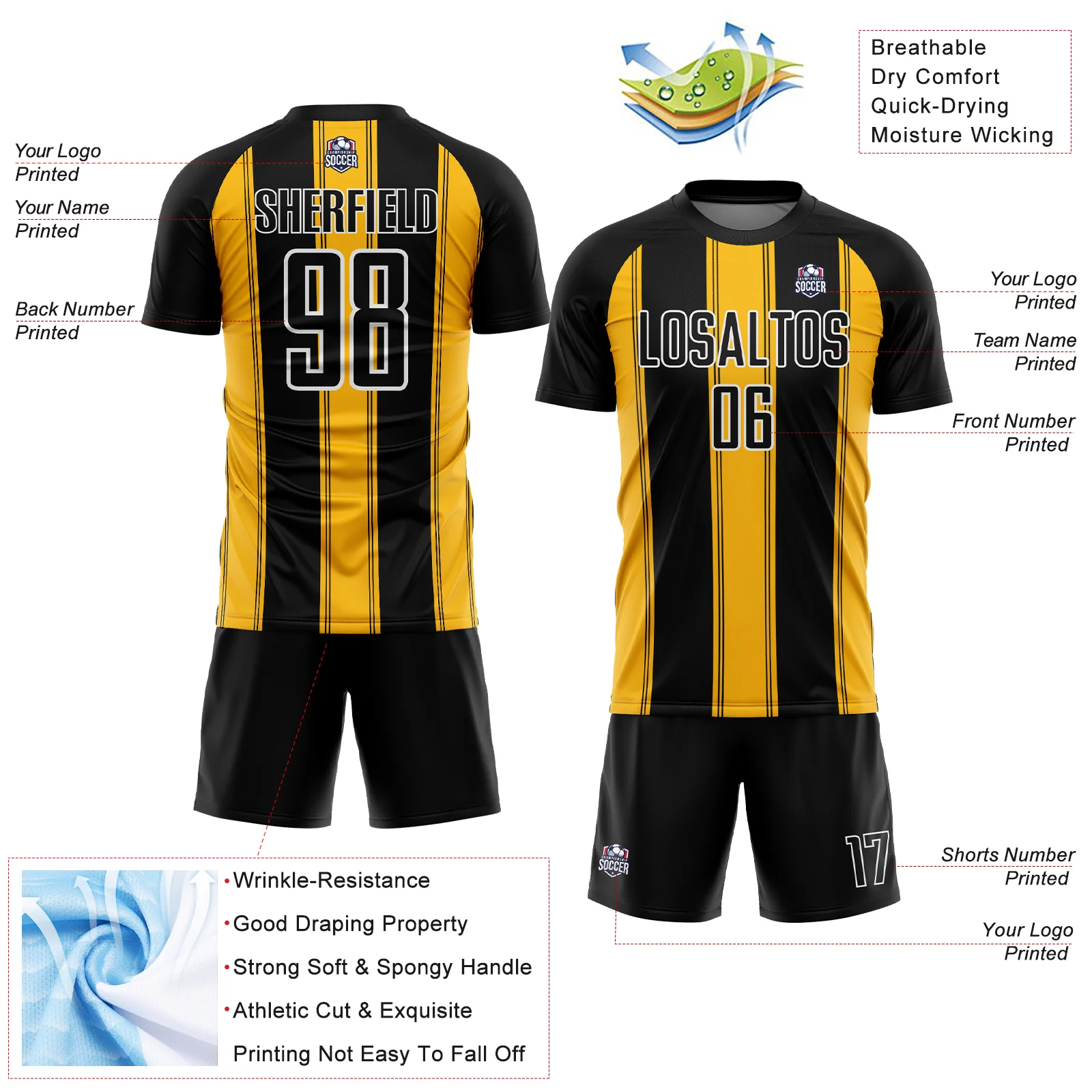 Custom Black Gold-White Line Sublimation Soccer Uniform Jersey - Image 4