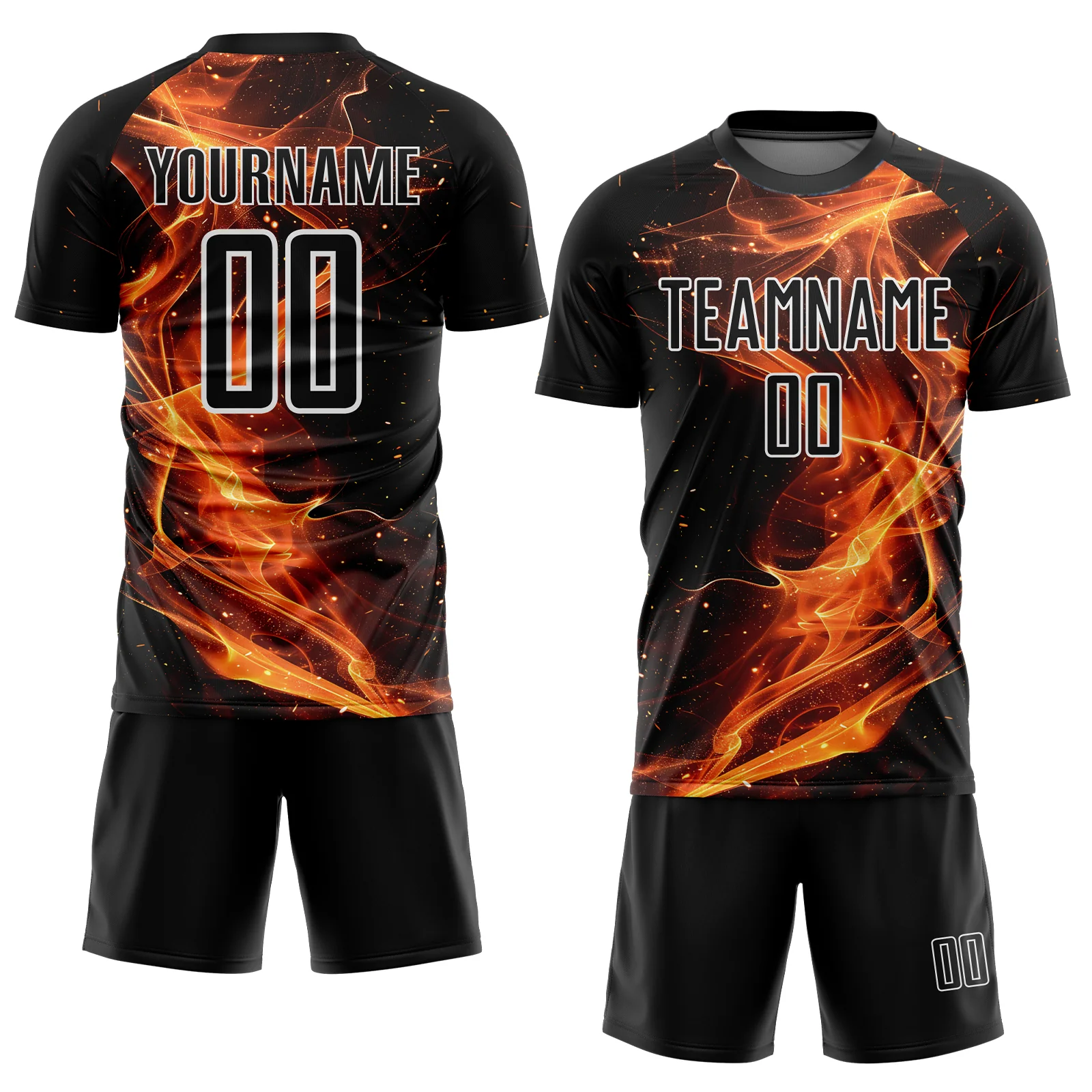 Custom Black Gold-White Flame Sublimation Soccer Uniform Jersey - Image 2