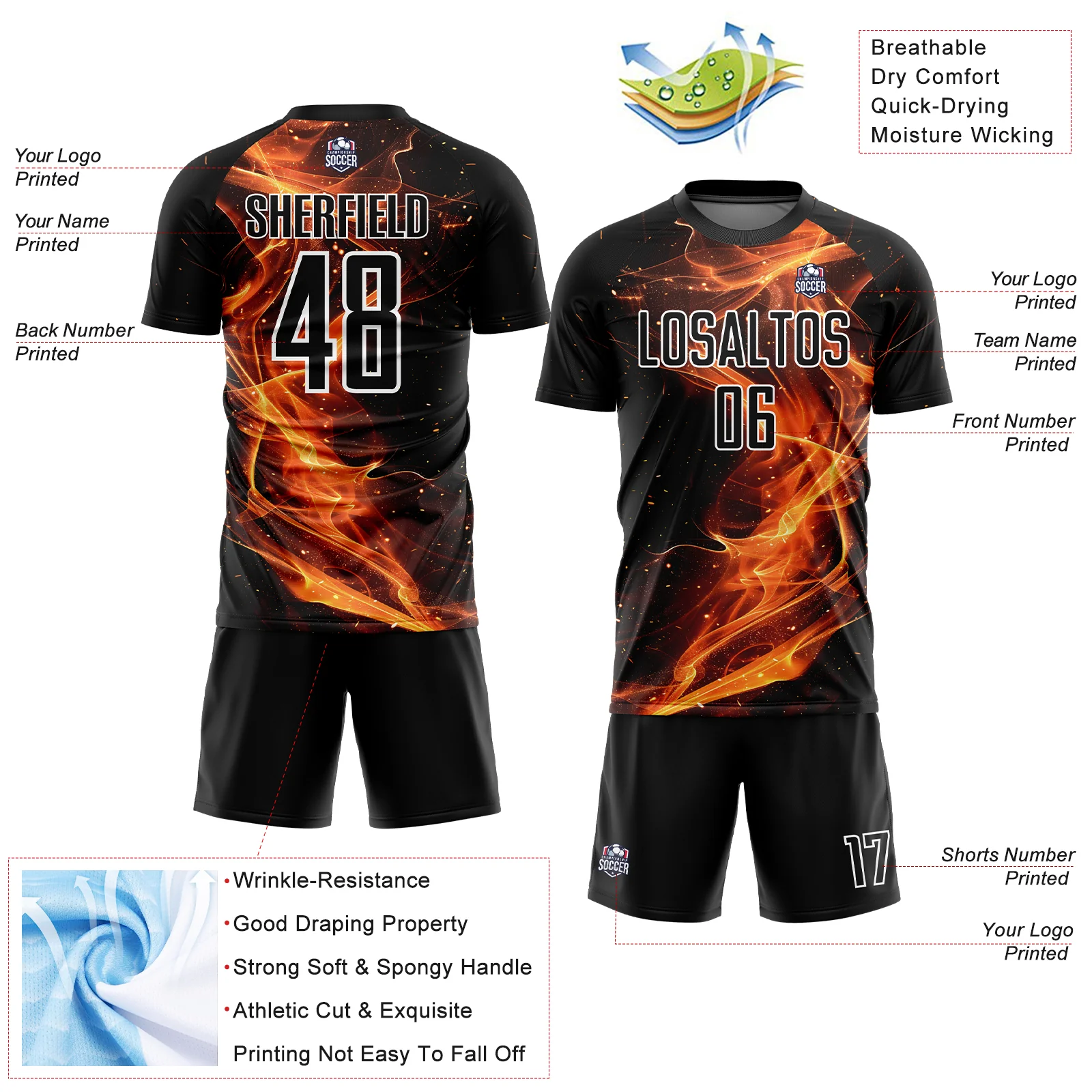 Custom Black Gold-White Flame Sublimation Soccer Uniform Jersey - Image 4