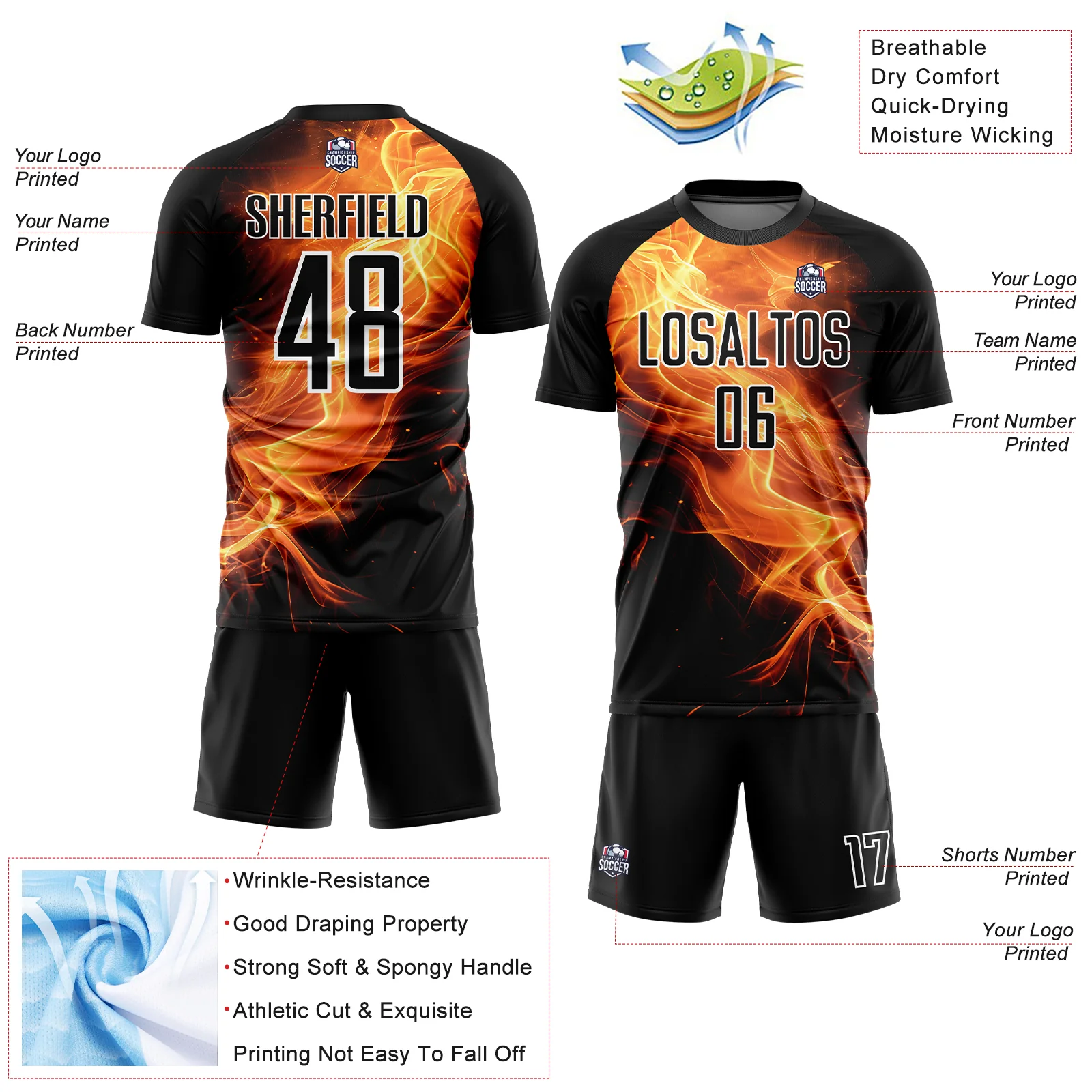 Custom Black Gold-White Flame Sublimation Soccer Uniform Jersey - Image 4