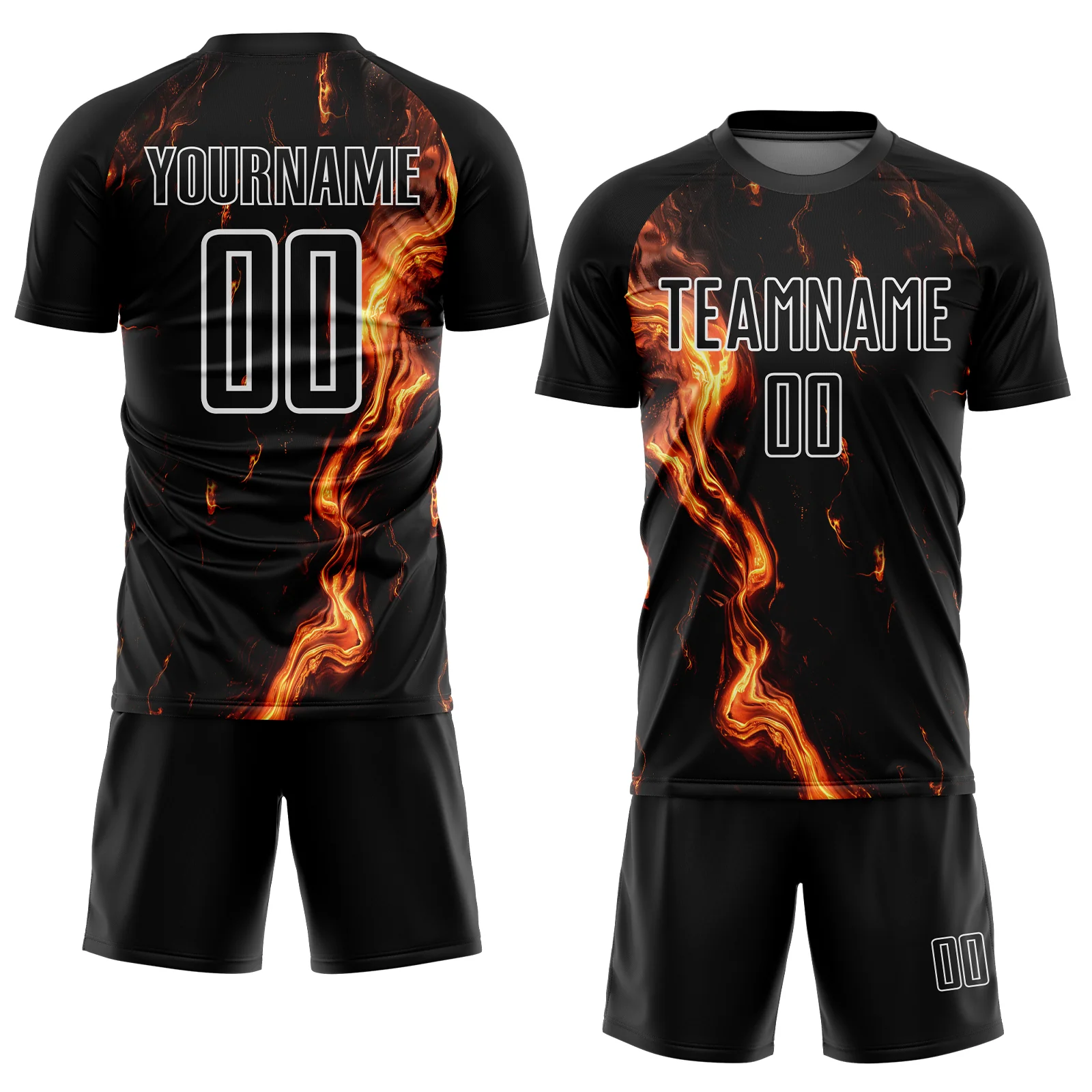 Custom Black Gold-White Flame Sublimation Soccer Uniform Jersey - Image 2