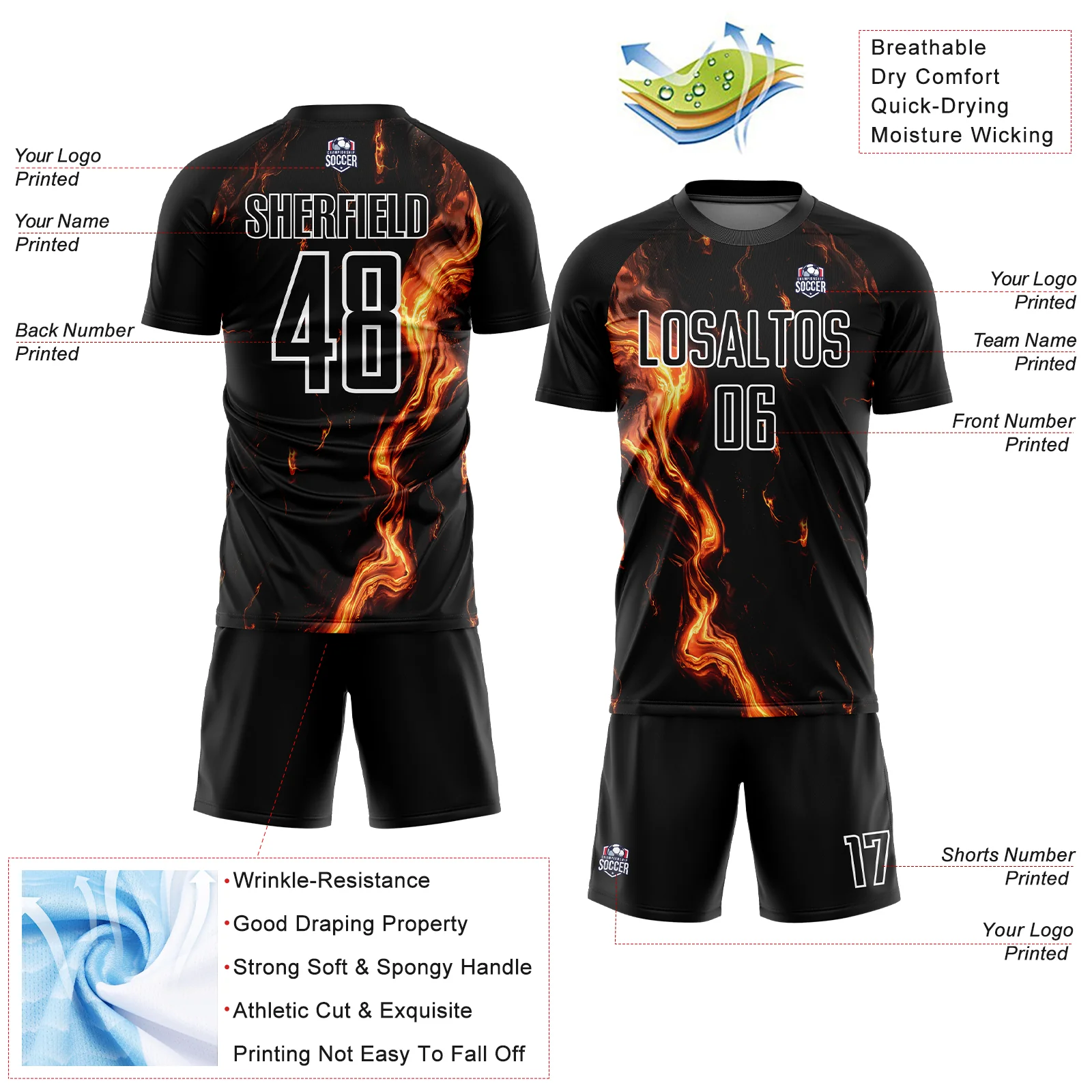 Custom Black Gold-White Flame Sublimation Soccer Uniform Jersey - Image 4