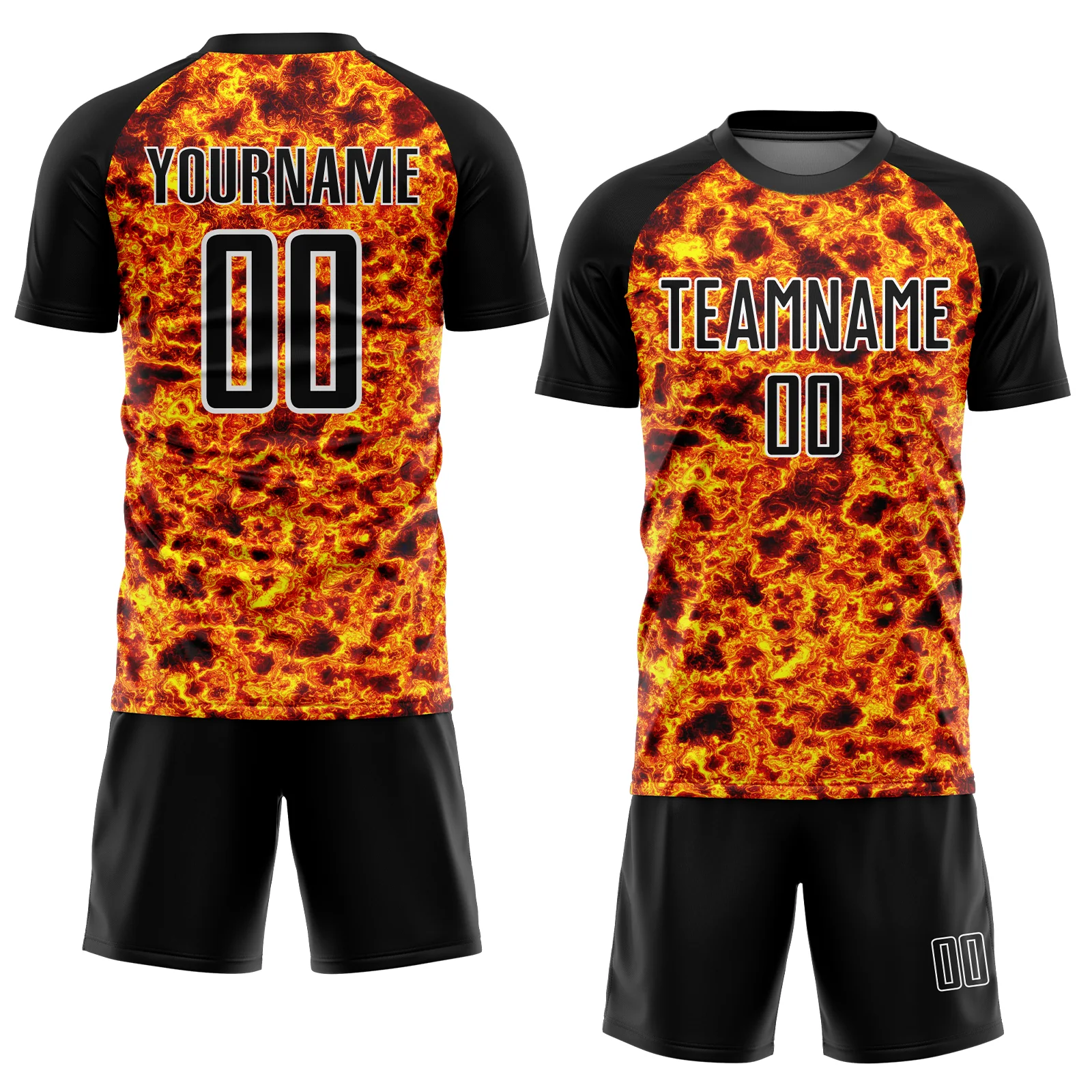 Custom Black Gold-White Flame Sublimation Soccer Uniform Jersey - Image 2
