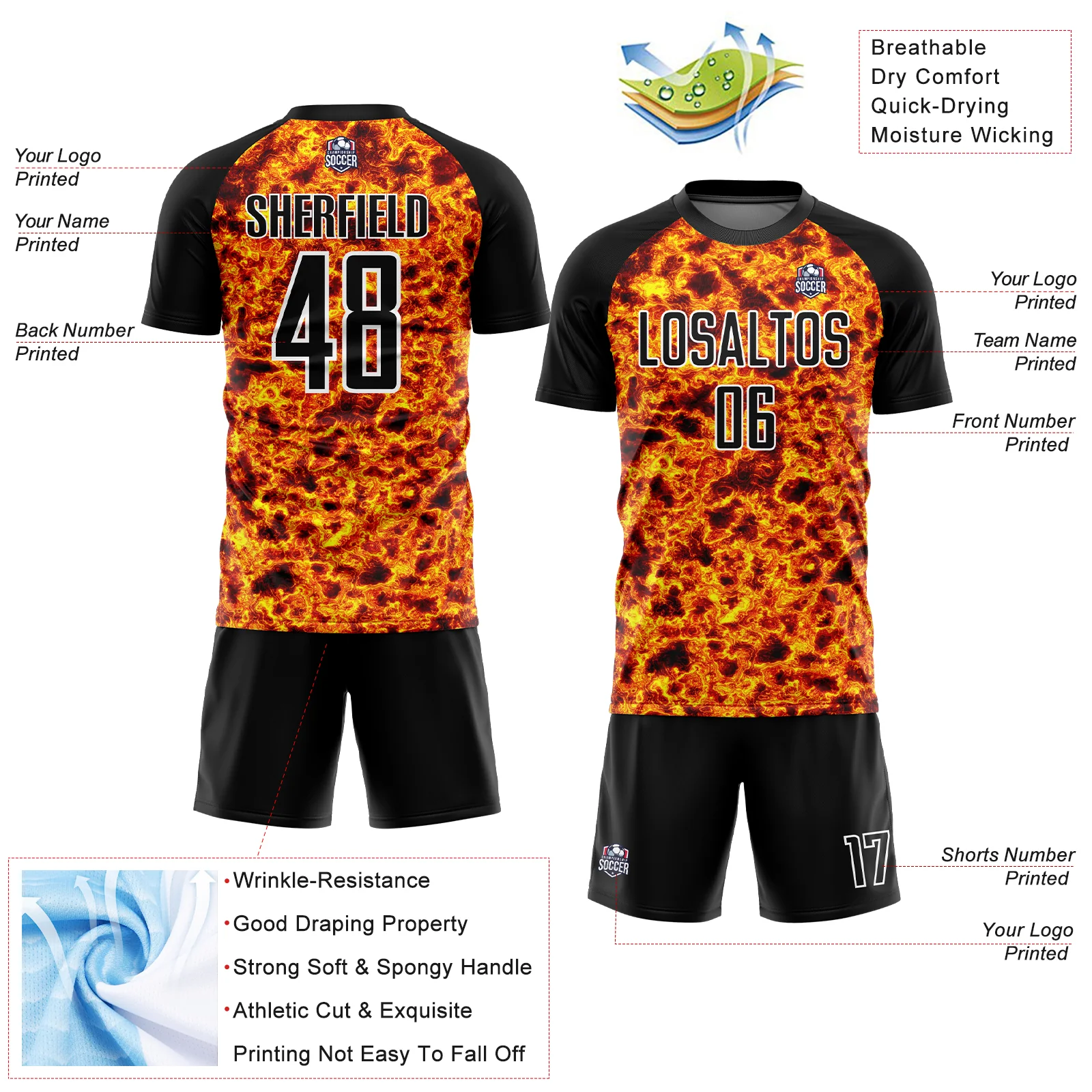 Custom Black Gold-White Flame Sublimation Soccer Uniform Jersey - Image 4
