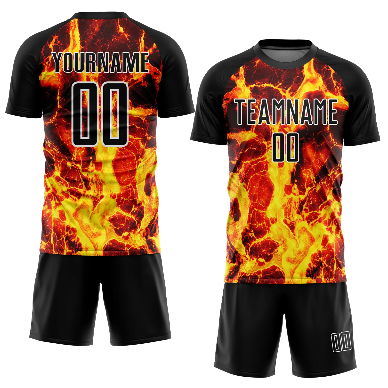 Custom Black Gold-White Flame Sublimation Soccer Uniform Jersey - Image 2
