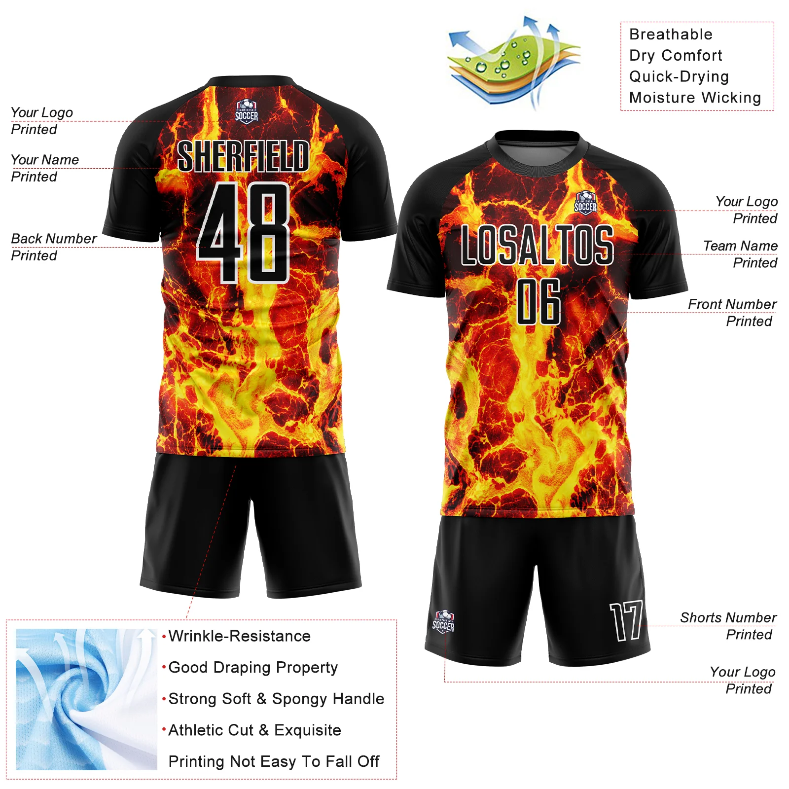 Custom Black Gold-White Flame Sublimation Soccer Uniform Jersey - Image 4