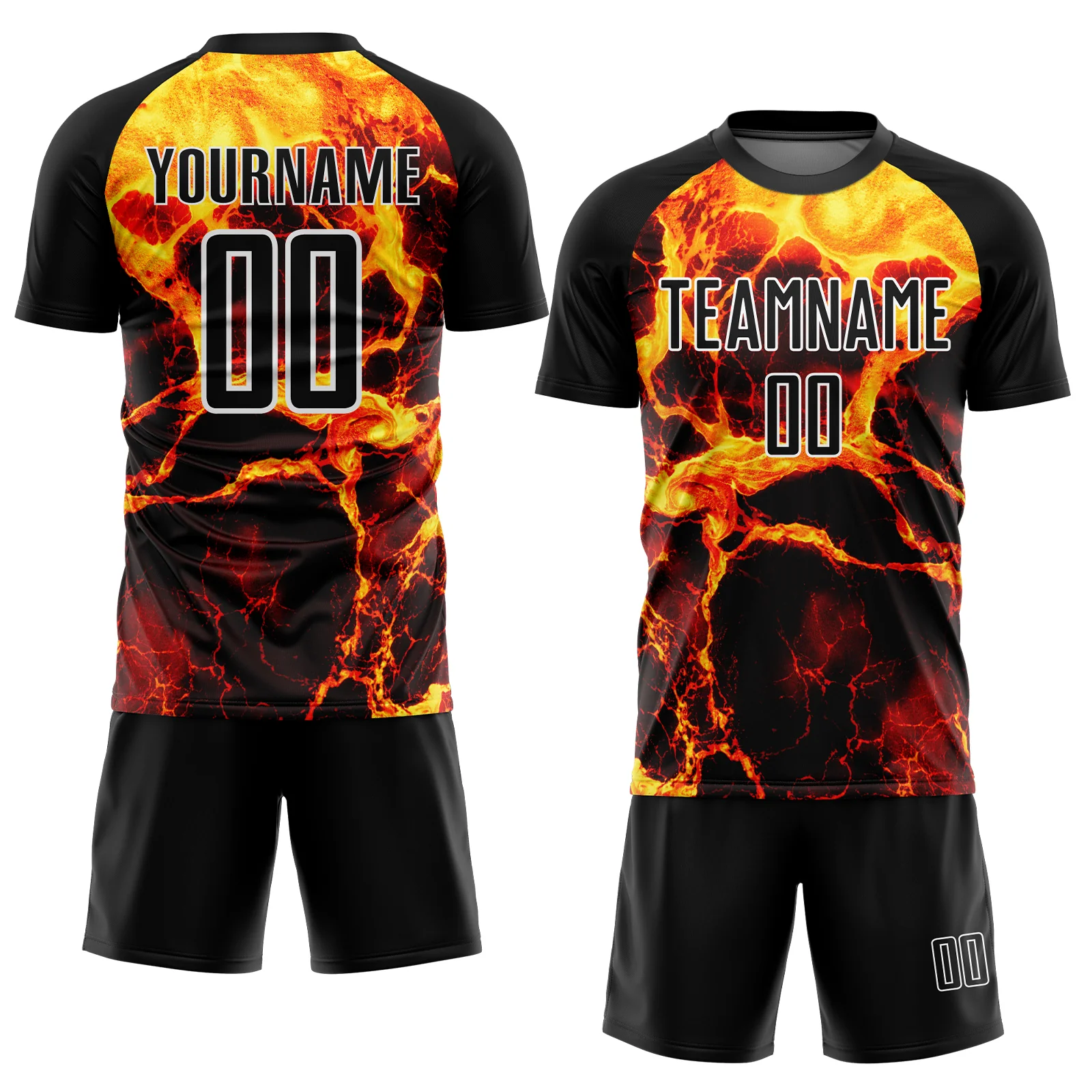 Custom Black Gold-White Flame Sublimation Soccer Uniform Jersey - Image 2