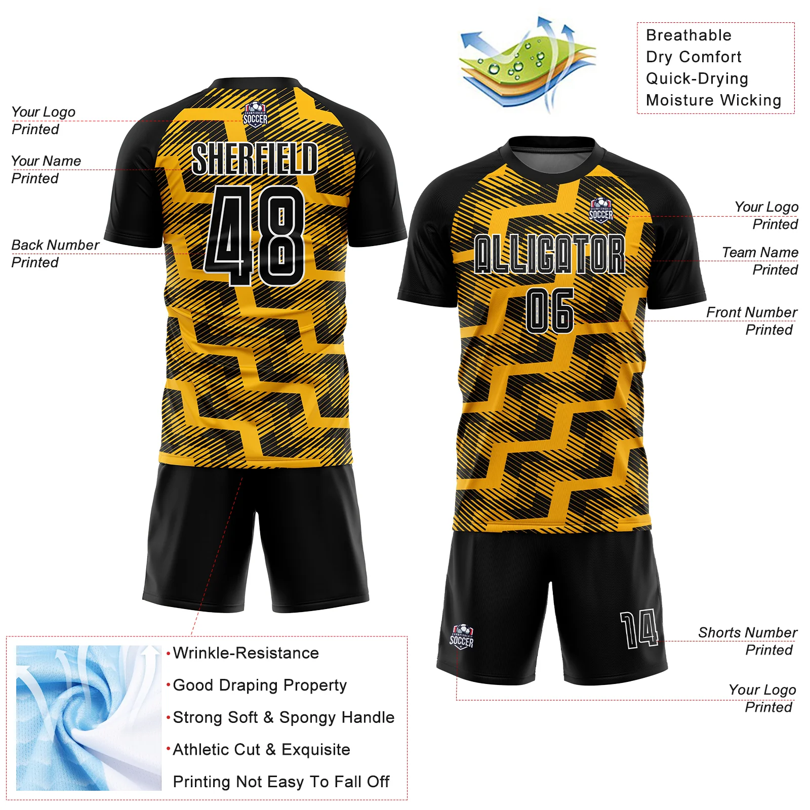 Custom Black Gold-White Line Sublimation Soccer Uniform Jersey - Image 4