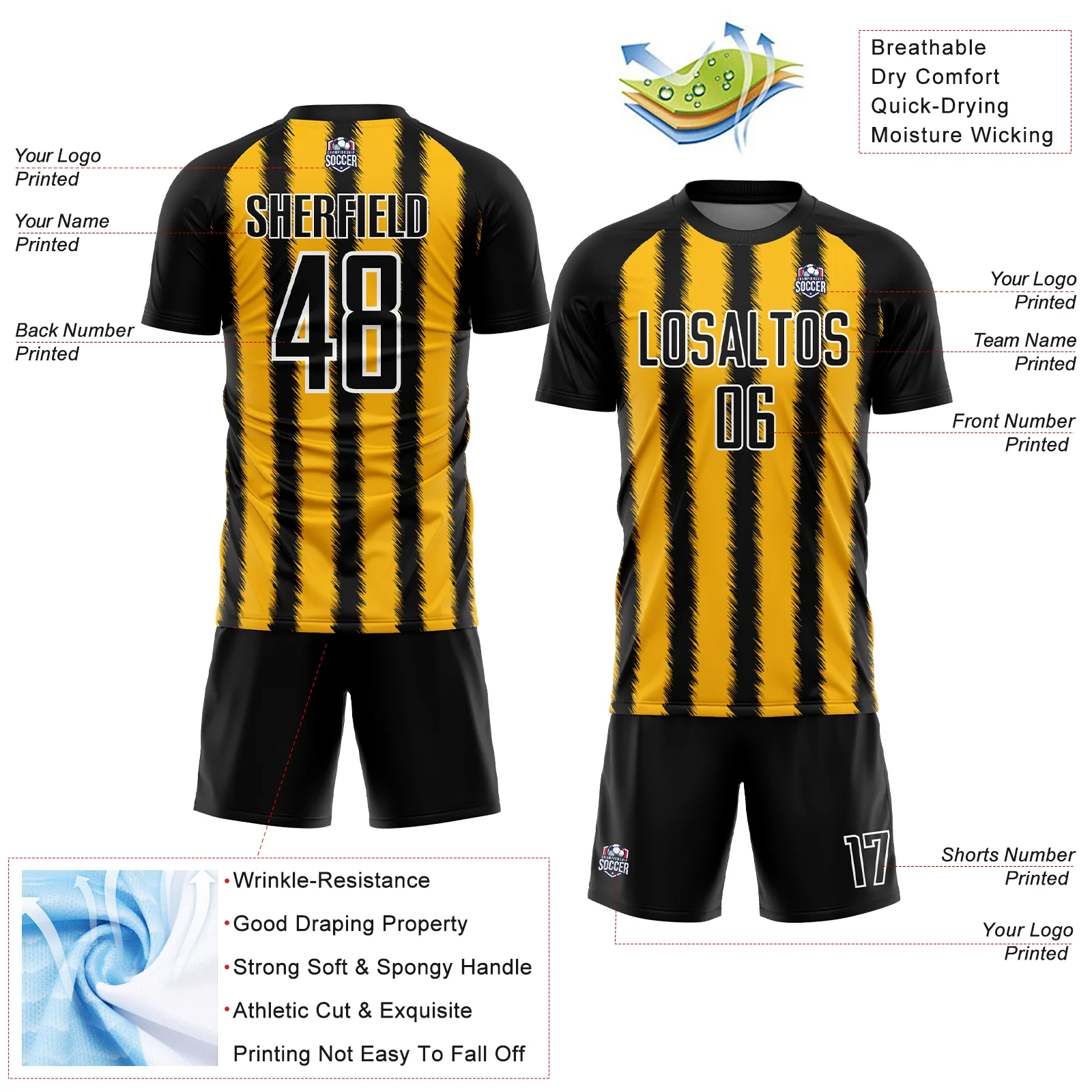Custom Black Gold-White Line Sublimation Soccer Uniform Jersey - Image 4