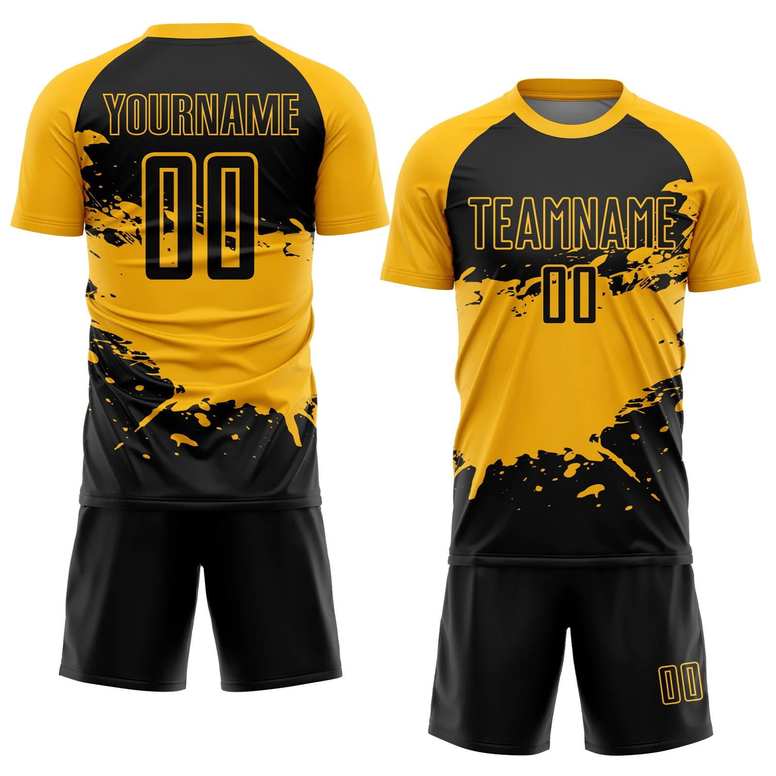 Custom Black Gold Splash Sublimation Soccer Uniform Jersey - Image 2