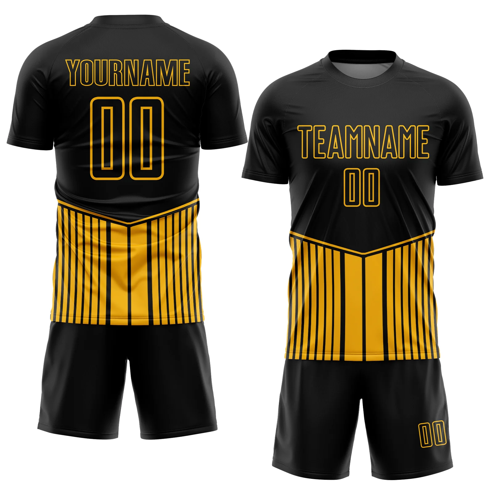 Custom Black Gold Stripe Line Sublimation Soccer Uniform Jersey - Image 2