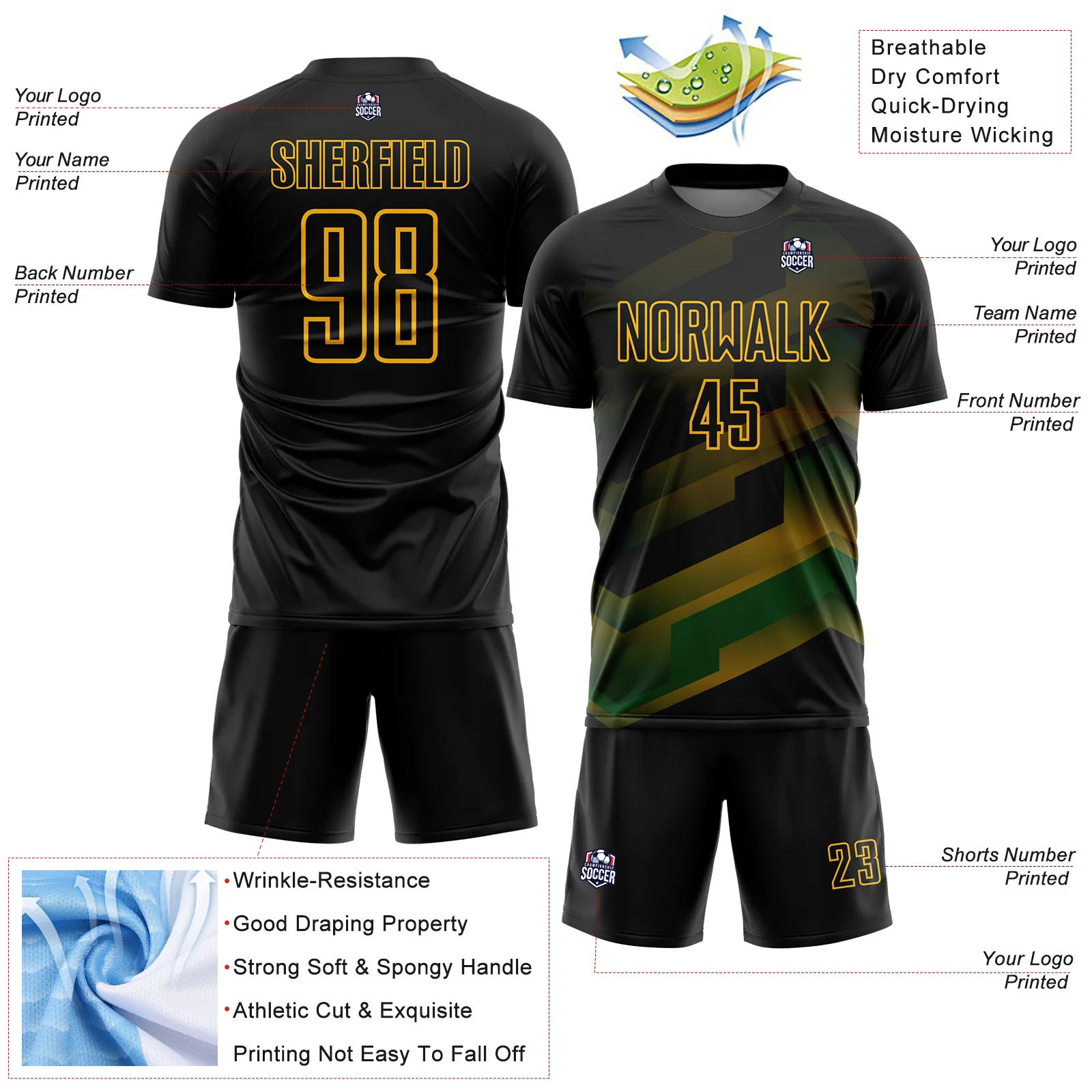 Custom Black Gold Gradient Arrow Geometric Shapes Sublimation Soccer Uniform Jersey - Image 4