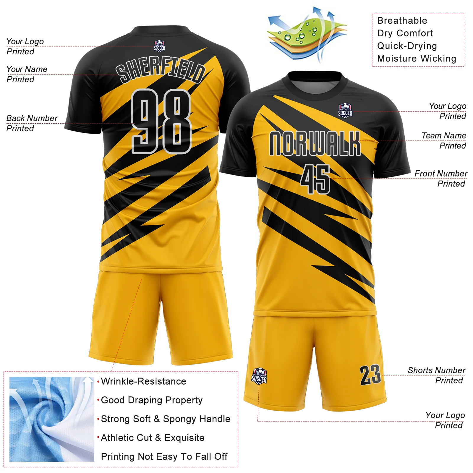 Custom Black Gold-White Abstract Line Sports Sublimation Soccer Uniform Jersey - Image 4
