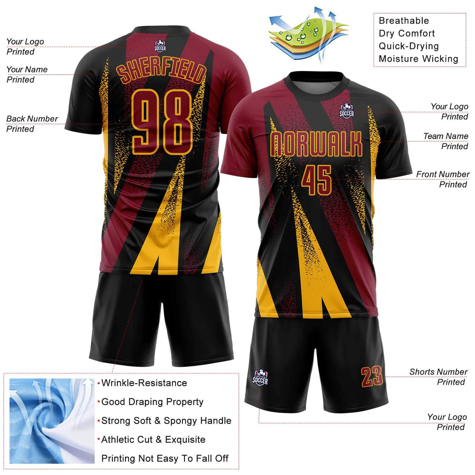 Custom Black Crimson-Gold Radial Burst Sports Sublimation Soccer Uniform Jersey - Image 4