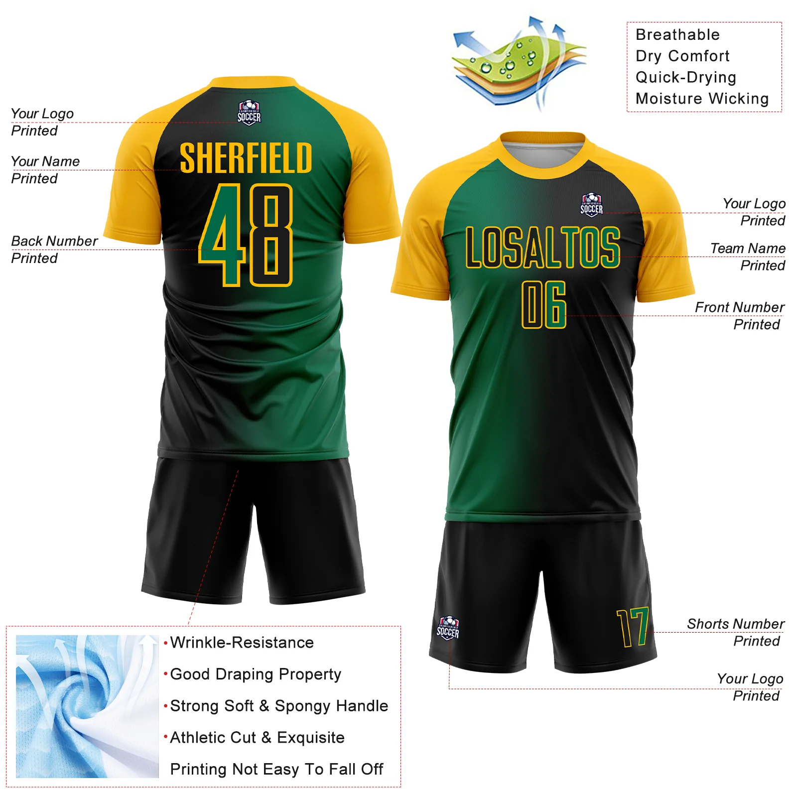 Custom Black Kelly Green-Gold Sublimation Gradient Fashion Soccer Uniform Jersey - Image 4