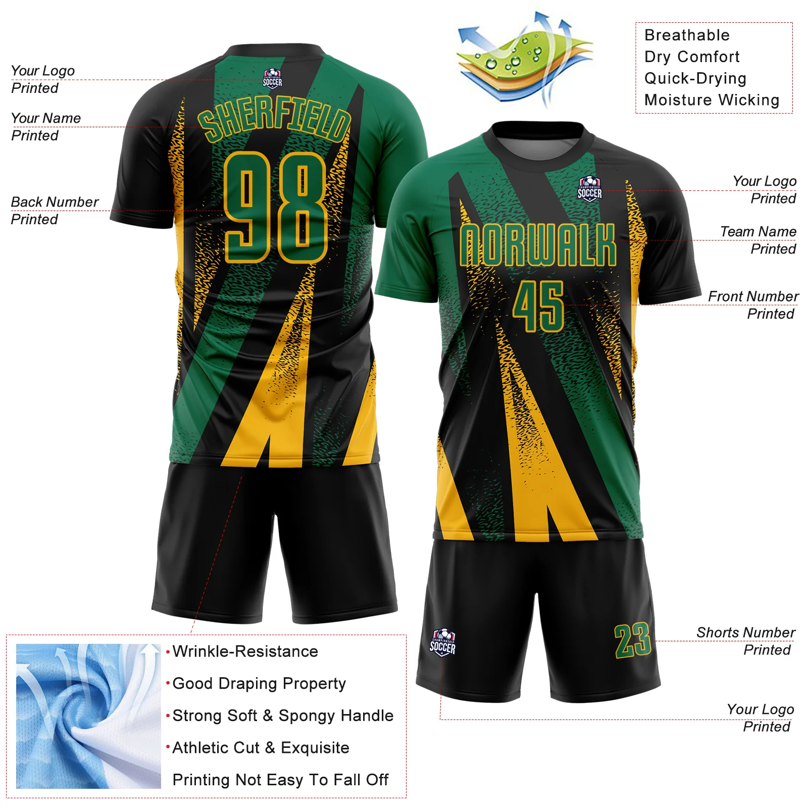 Custom Black Kelly Green-Gold Radial Burst Sports Sublimation Soccer Uniform Jersey - Image 4