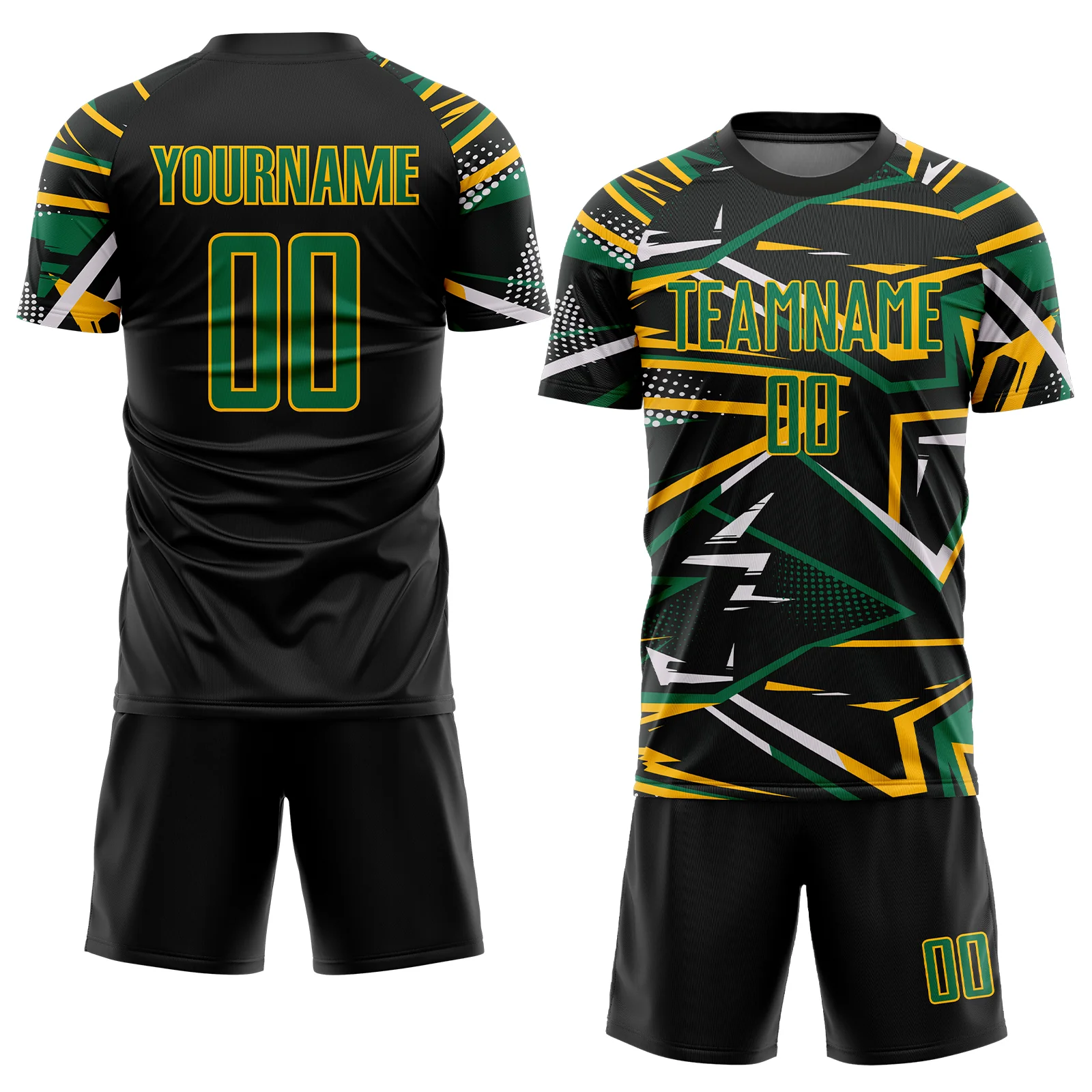 Custom Black Kelly Green Gold-White Abstract Geometric Stripes Sports Sublimation Soccer Uniform Jersey - Image 2
