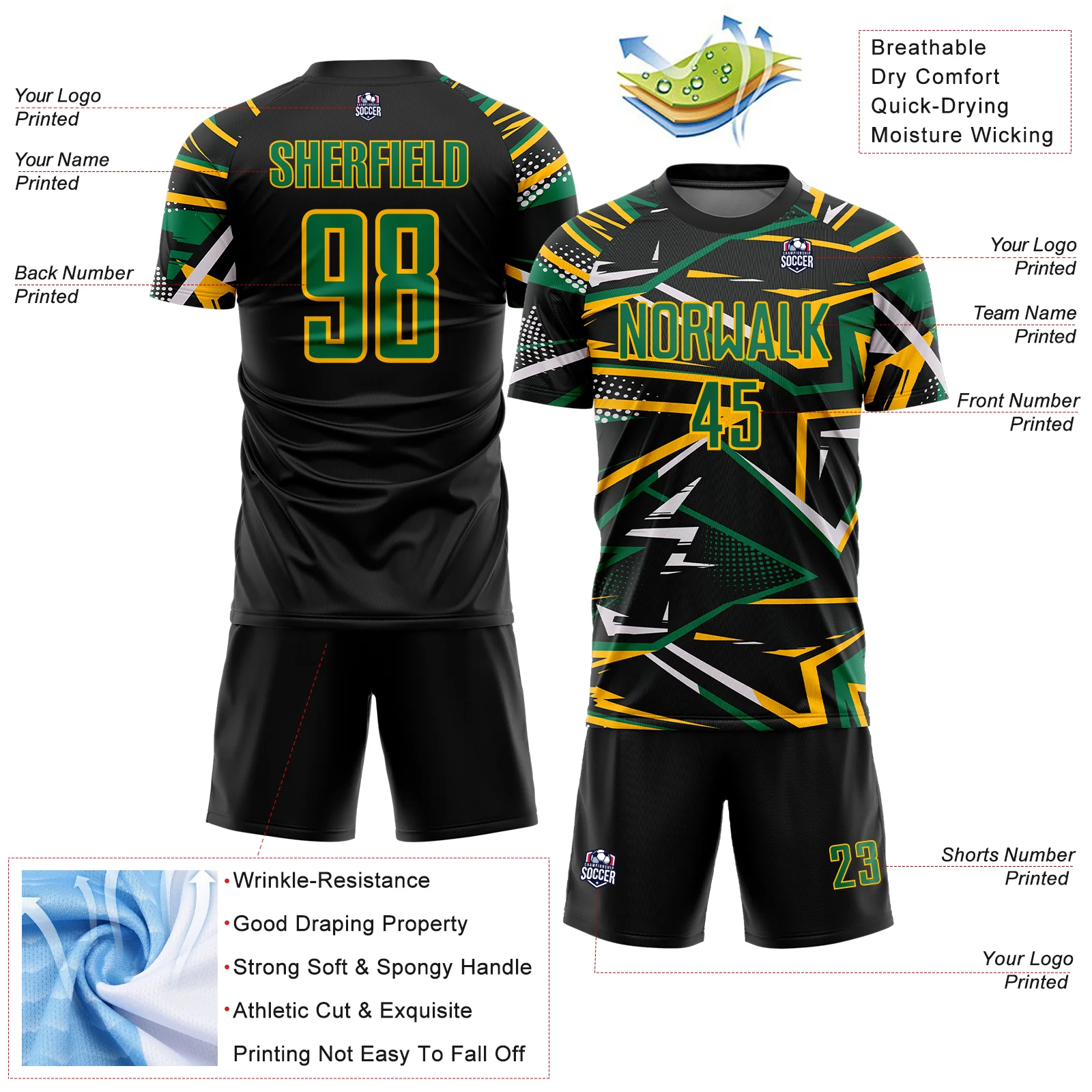 Custom Black Kelly Green Gold-White Abstract Geometric Stripes Sports Sublimation Soccer Uniform Jersey - Image 4