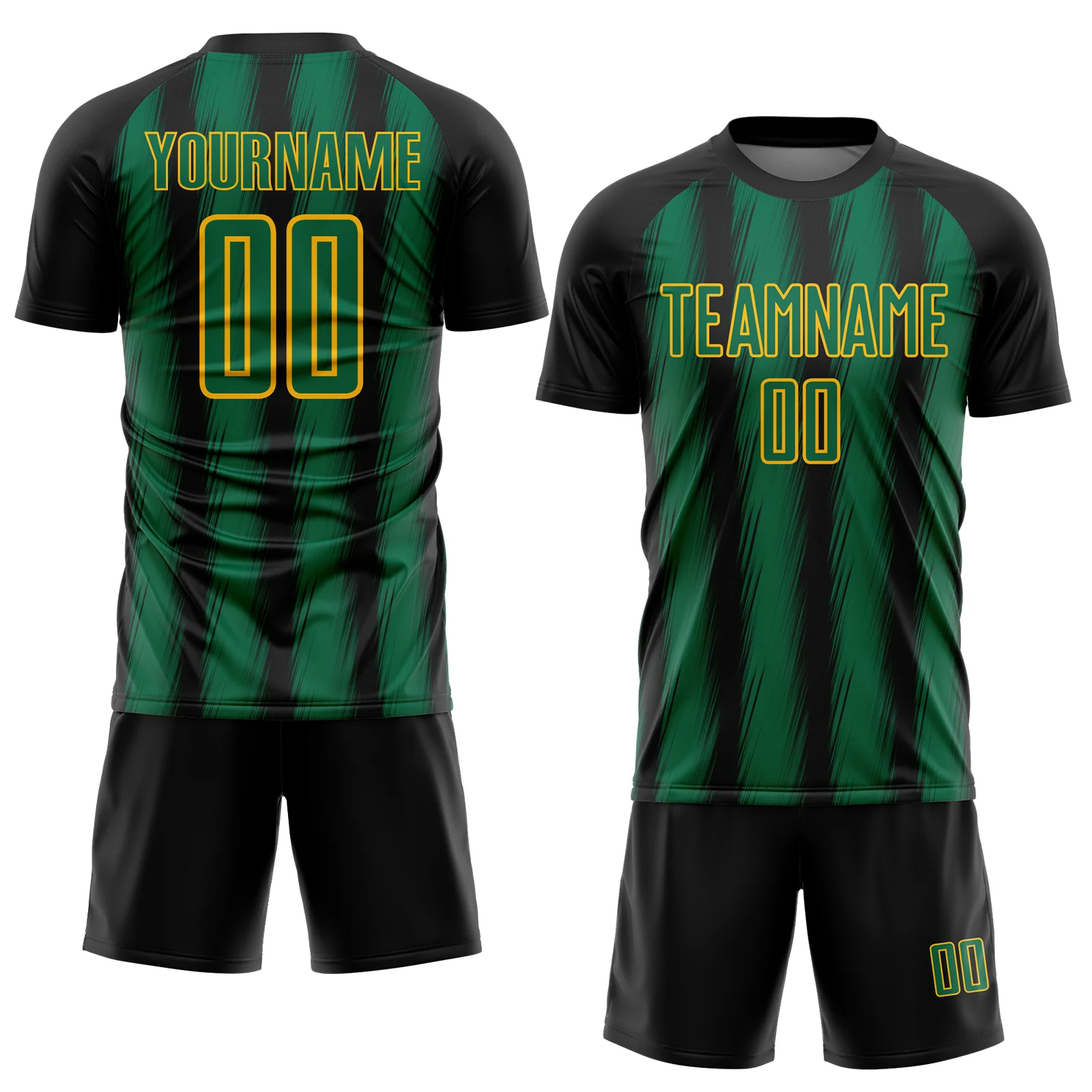 Custom Black Kelly Green-Gold Vertical Brush Stroke Stripes Sublimation Soccer Uniform Jersey - Image 2