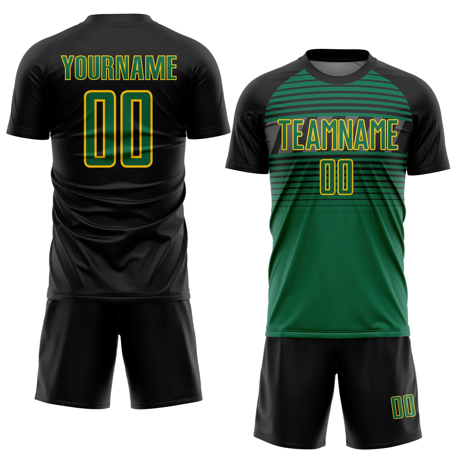 Custom Black Kelly Green Gold-Steel Gray Gradient Horizontal Stripes Sublimation Soccer Uniform Jersey - Image 2