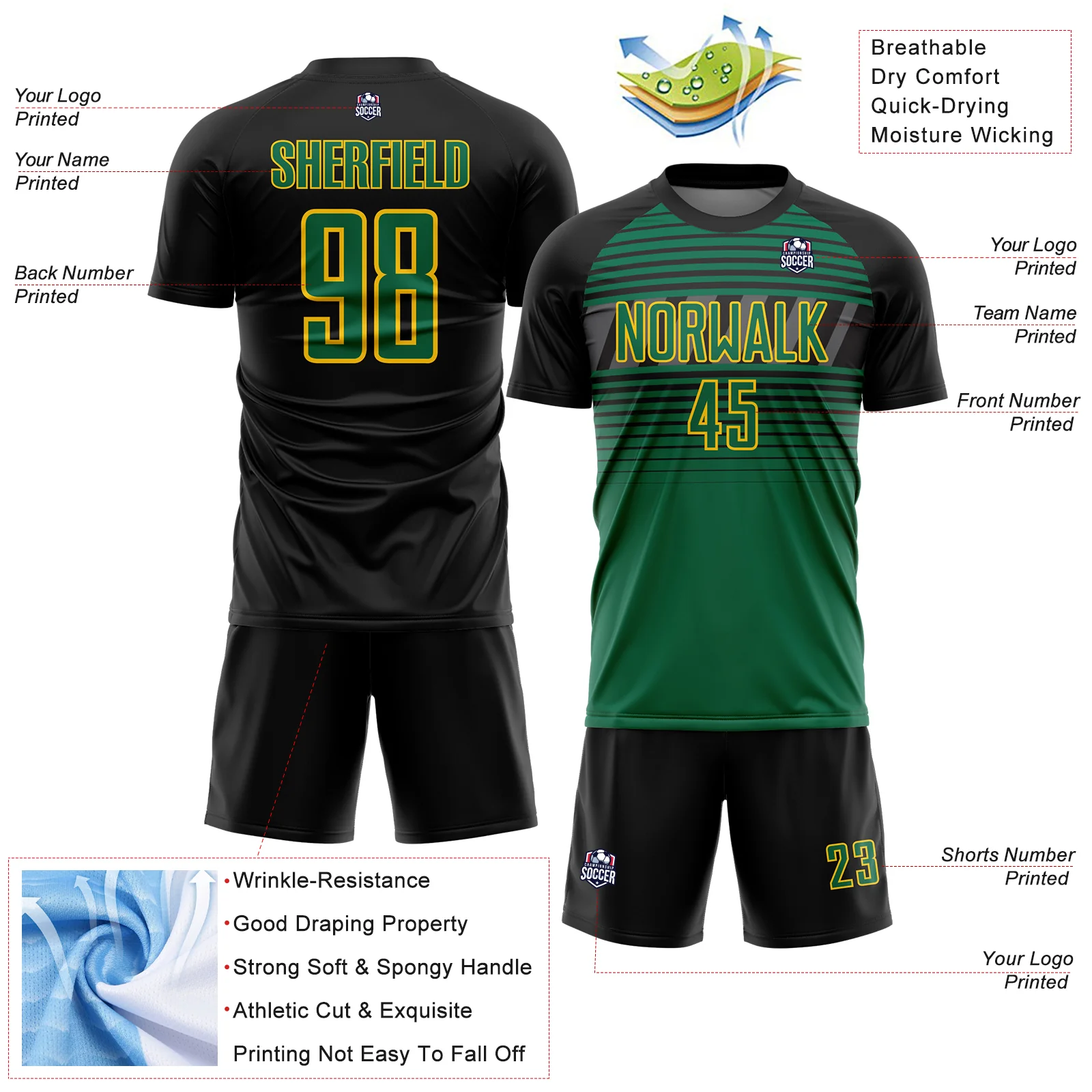 Custom Black Kelly Green Gold-Steel Gray Gradient Horizontal Stripes Sublimation Soccer Uniform Jersey - Image 4