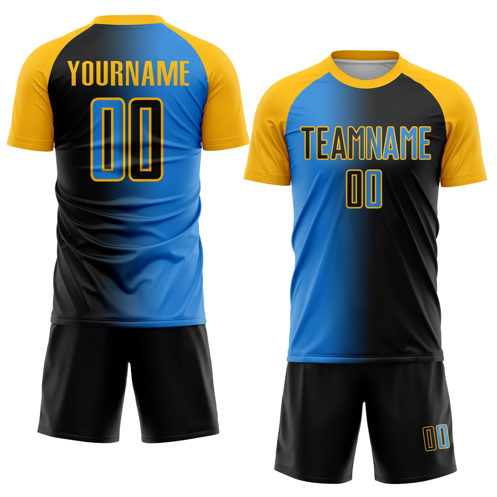 Custom Black Powder Blue-Gold Sublimation Gradient Fashion Soccer Uniform Jersey - Image 2