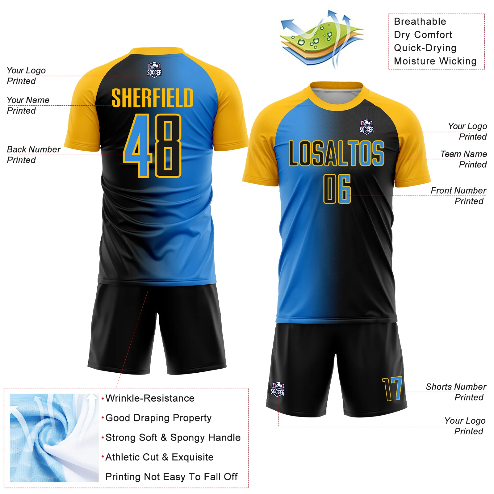 Custom Black Powder Blue-Gold Sublimation Gradient Fashion Soccer Uniform Jersey - Image 4